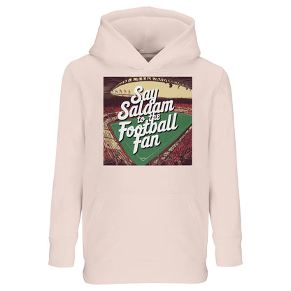 Creamy Pink / Oyster Pink Say Salaam to the Football Fan Design #4 kids hoodie combining a soft pastel tone with a bold football graphic and Islamic greeting text. The muted pink shade offers a gentle alternative to darker colours while keeping the design expressive and visible. Crafted from a cotton and recycled polyester blend with brushed fleece lining, it delivers warmth and durability. Designed for young soccer fans who enjoy lighter colours while connecting sport with Muslim and Islamic identity.