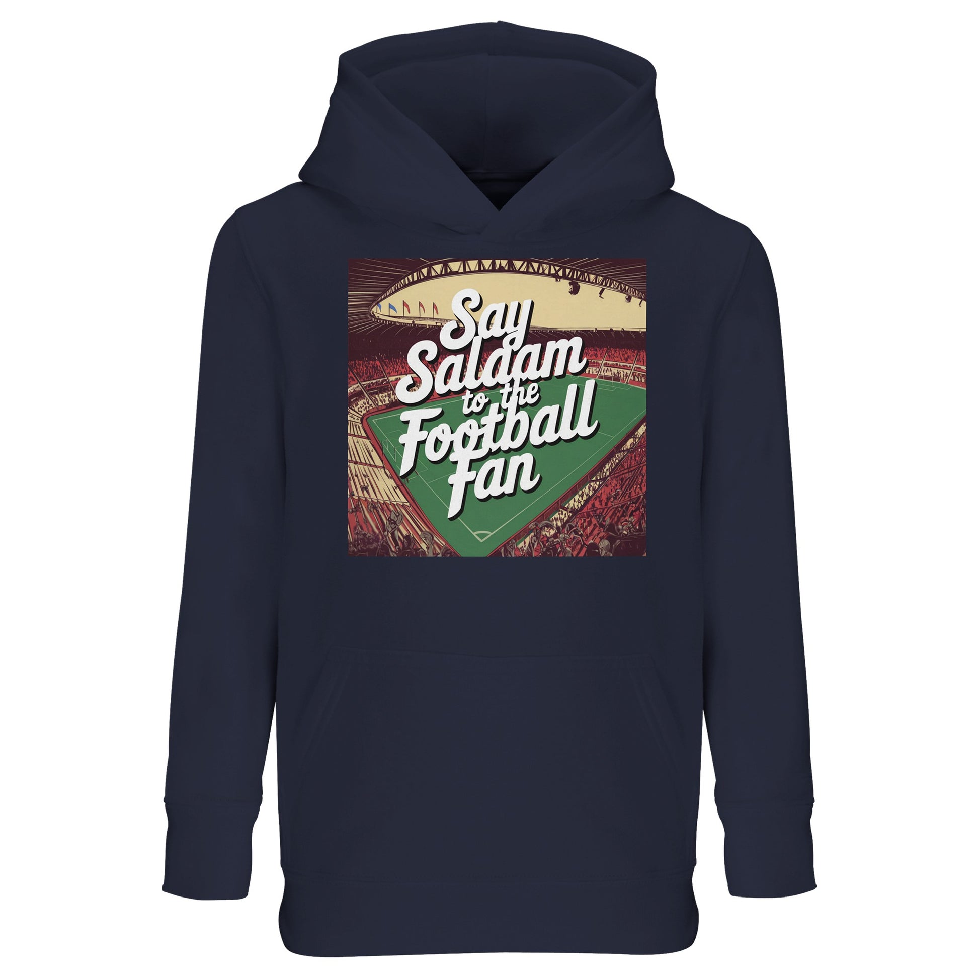 French Navy Say Salaam to the Football Fan Design #4 kids hoodie featuring a deep navy tone paired with a retro football illustration and Salaam message. Colour references include French Navy / Ebony Clay, offering a classic and understated appearance. Produced from a cotton and recycled polyester blend with brushed fleece lining, it provides warmth and softness. Suited to young football fans influenced by Islamic identity and Muslim family culture.