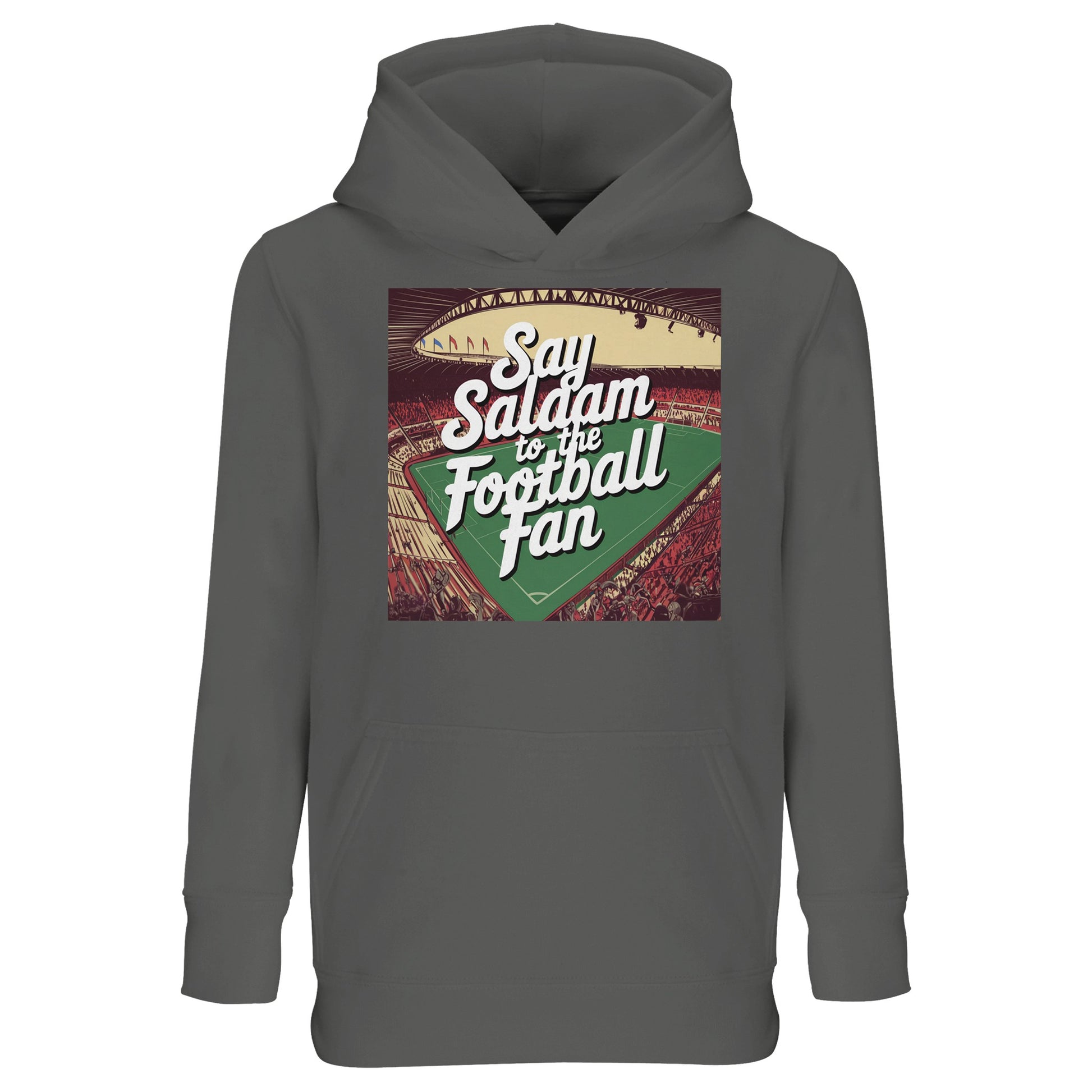 Grey Melange / Heather Grey / Marl Grey / Classic Athletic Grey Say Salaam to the Football Fan Design #4 kids hoodie using a neutral base to highlight the football-themed print and Islamic Salaam lettering. Hooded sweatshirt made from a cotton and recycled polyester blend with brushed fleece interior, it offers comfort and durability. Fairly priced and designed for everyday wear among young football fans growing up Muslim.