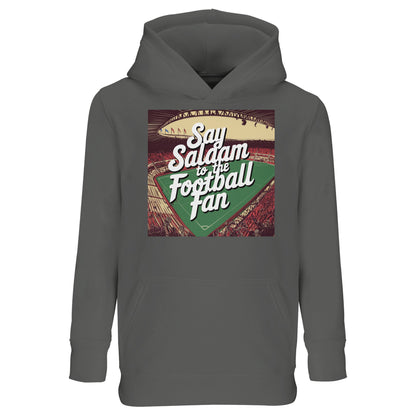 Grey Melange / Heather Grey / Marl Grey / Classic Athletic Grey Say Salaam to the Football Fan Design #4 kids hoodie using a neutral base to highlight the football-themed print and Islamic Salaam lettering. Hooded sweatshirt made from a cotton and recycled polyester blend with brushed fleece interior, it offers comfort and durability. Fairly priced and designed for everyday wear among young football fans growing up Muslim.