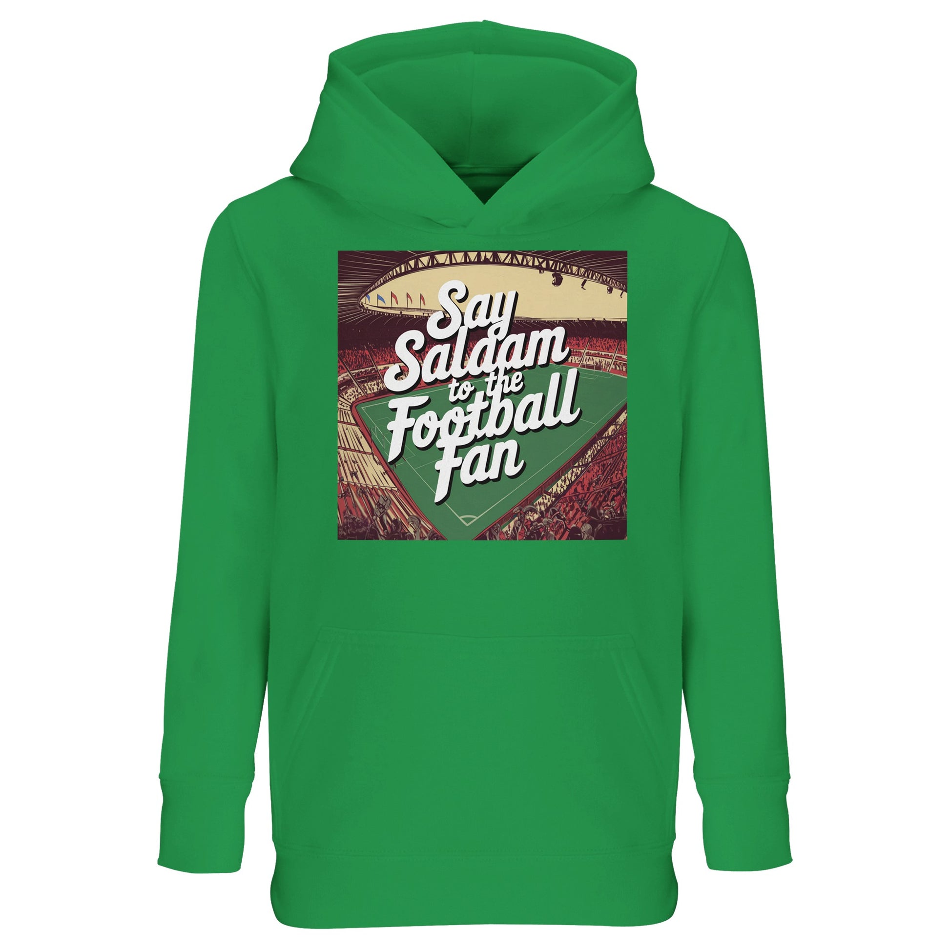 Spring Green / Sea Green / Eucalyptus Say Salaam to the Football Fan Design #4 kids hoodie pairing a fresh green tone with a vintage football graphic and Salaam text, adding energy and personality to the garment. Crafted from a cotton and recycled polyester blend with brushed fleece lining, it supports comfort and warmth for everyday wear. Ideal for school days, weekend matches, and casual outfits for young football supporters shaped by Muslim and Islamic culture and modern fan identity.