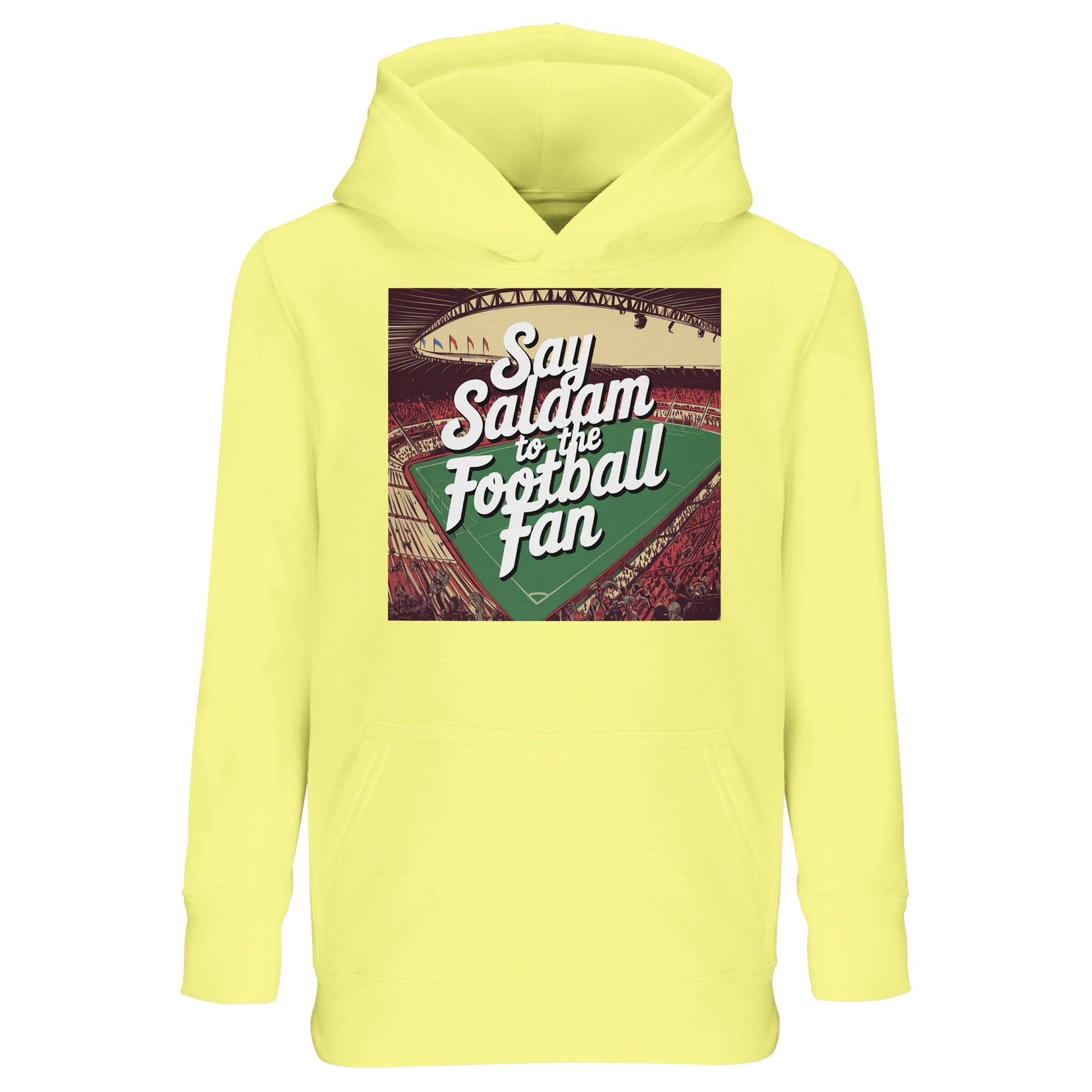 Light Yellow / Lemon Chiffon Say Salaam to the Football Fan Design #4 kids hoodie featuring a soft, bright base that enhances the football-inspired artwork and Islamic greeting. The pale yellow tone creates a cheerful, approachable look while keeping the design clear and readable. Made from a cotton and recycled polyester blend with brushed fleece lining, it provides warmth without heaviness. Suitable for everyday wear, layering, and young football fans in Muslim families who prefer lighter colour palettes.