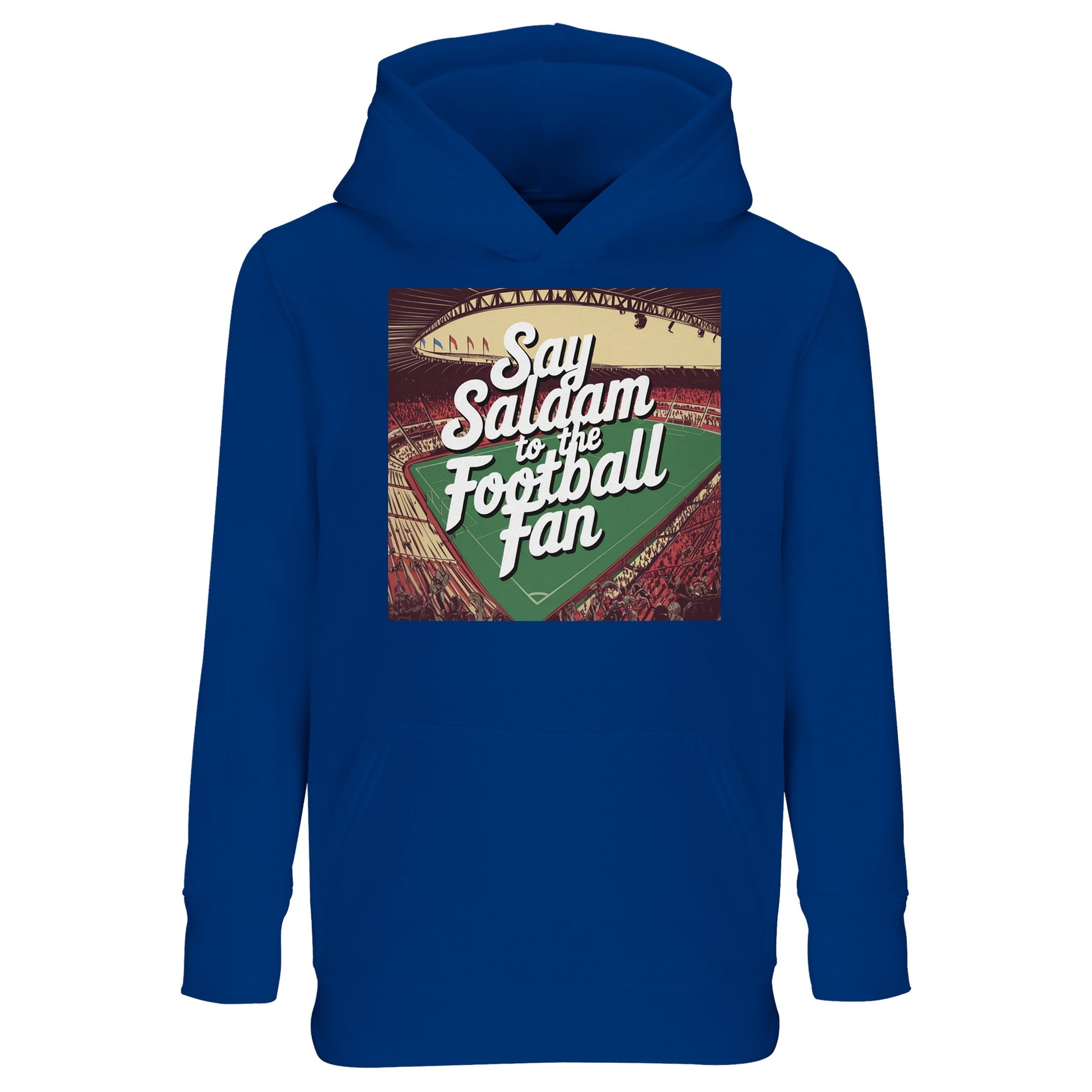 Royal Blue / Dark Midnight Blue Say Salaam to the Football Fan Design #4 kids hoodie showcasing a bold blue shade with a retro football print and Salaam message. The deeper blue tones add contrast and depth, helping the printed design stand out. Constructed from a cotton and recycled polyester blend with brushed fleece lining, it delivers durability and comfort for regular use. Designed for young football supporters influenced by Islamic identity, Muslim values, and classic football culture.