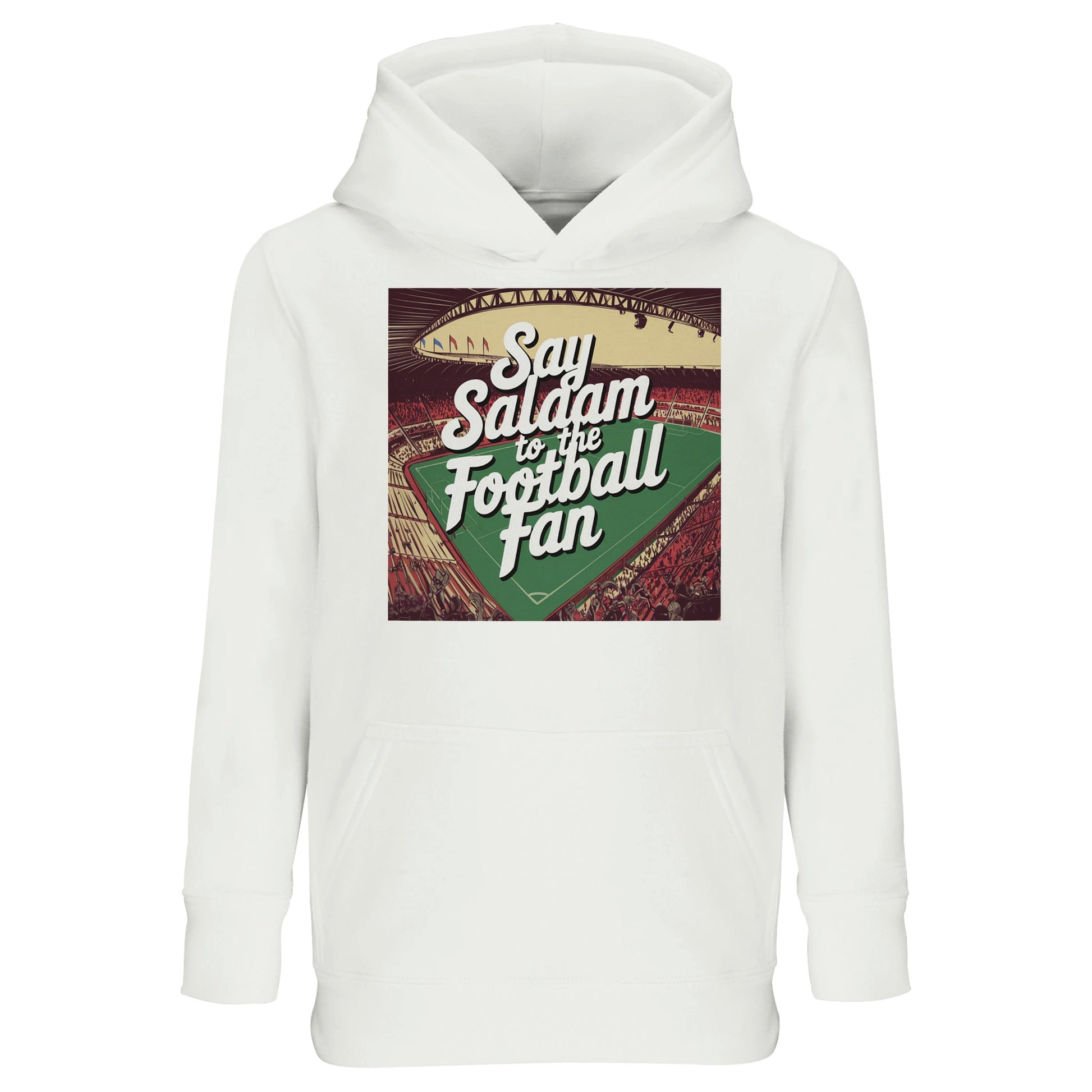 White / Platinum Say Salaam to the Football Fan Design #4 kids hoodie presenting a clean base that highlights the football-inspired design and Islamic Salaam lettering clearly. The crisp white tone keeps the look versatile and easy to style across outfits. Made from a cotton and recycled polyester blend with brushed fleece interior, this cheap hooded jumper provides everyday comfort and warmth. Ideal for school, casual wear, and young football fans raised around Muslim and Islamic cultural expression.