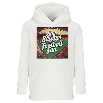 White / Platinum Say Salaam to the Football Fan Design #4 kids hoodie presenting a clean base that highlights the football-inspired design and Islamic Salaam lettering clearly. The crisp white tone keeps the look versatile and easy to style across outfits. Made from a cotton and recycled polyester blend with brushed fleece interior, this cheap hooded jumper provides everyday comfort and warmth. Ideal for school, casual wear, and young football fans raised around Muslim and Islamic cultural expression.