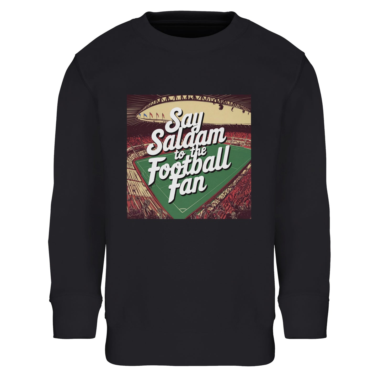 Black / Zeus Say Salaam to the Football Fan Design #4 kids sweatshirt featuring a bold square chest print with vintage football illustration, decorative borders, and hand-drawn style lettering inspired by classic match posters. The deep black base gives strong contrast to the artwork. Produced using a cotton and recycled polyester blend with brushed fleece lining, this sweatshirt offers warmth, softness, and durability for school days, casual wear, and football-inspired outfits shaped by Islamic values.