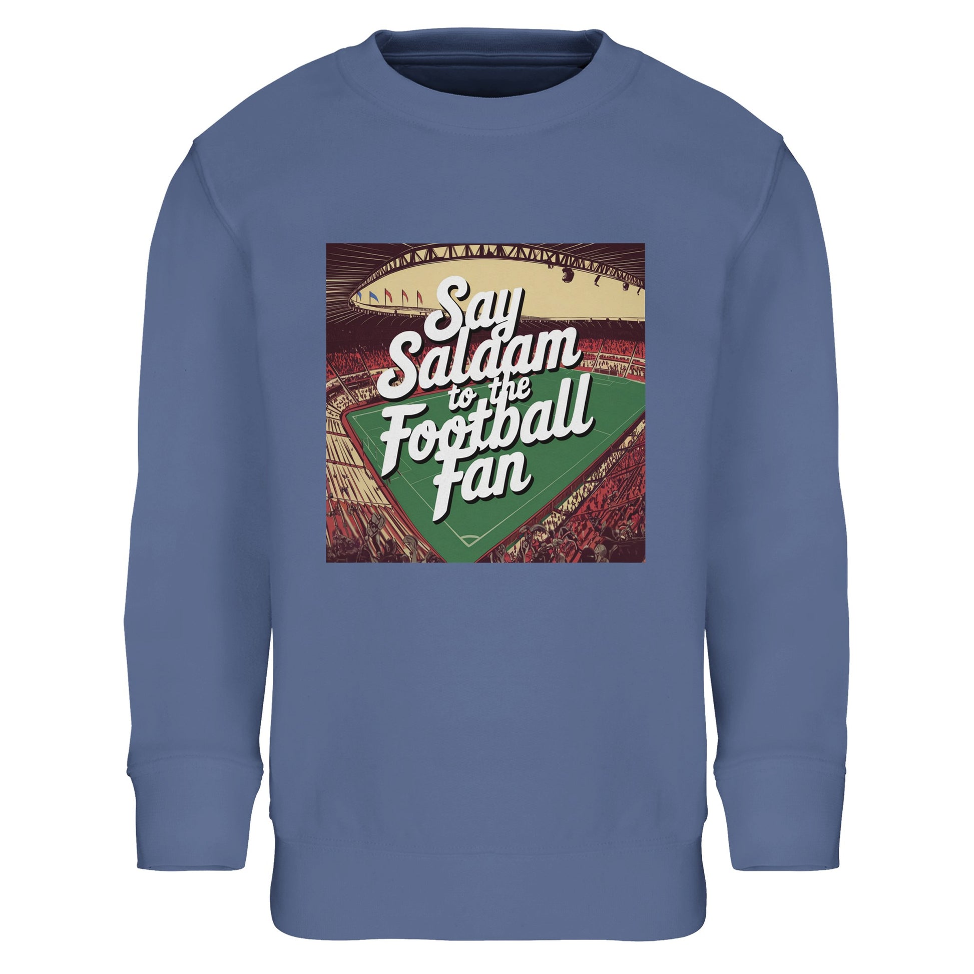 Blue / Classic Blue Say Salaam to the Football Fan Design #4 kids sweatshirt combining a calm mid-blue tone with a retro football print placed centrally on the chest. The printed design blends stadium colours, textured backgrounds, and expressive typography that reads clearly during everyday wear. Finished with brushed fleece backing and a resilient cotton-poly fabric, it suits relaxed layering, playground use, and football culture expressed in an Islamically mindful, family-friendly way.