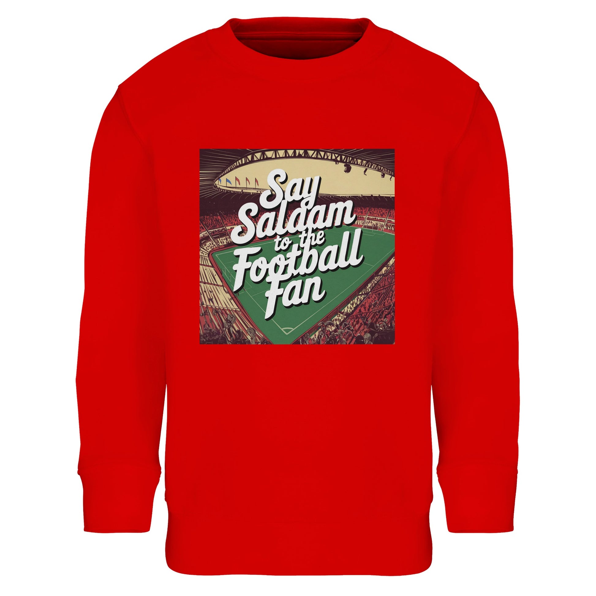 Bright Red / Fire Red Say Salaam to the Football Fan Design #4 kids sweatshirt offering a vivid red backdrop that energises the printed football artwork. The strong colour enhances the contrast of the vintage-style illustration and greeting text, giving the piece a lively match-day feel. Made from a soft cotton and recycled polyester blend with fleece lining, it supports warmth, movement, and expressive well-priced football clothing rooted in Muslim identity and Islamic-inspired messaging.