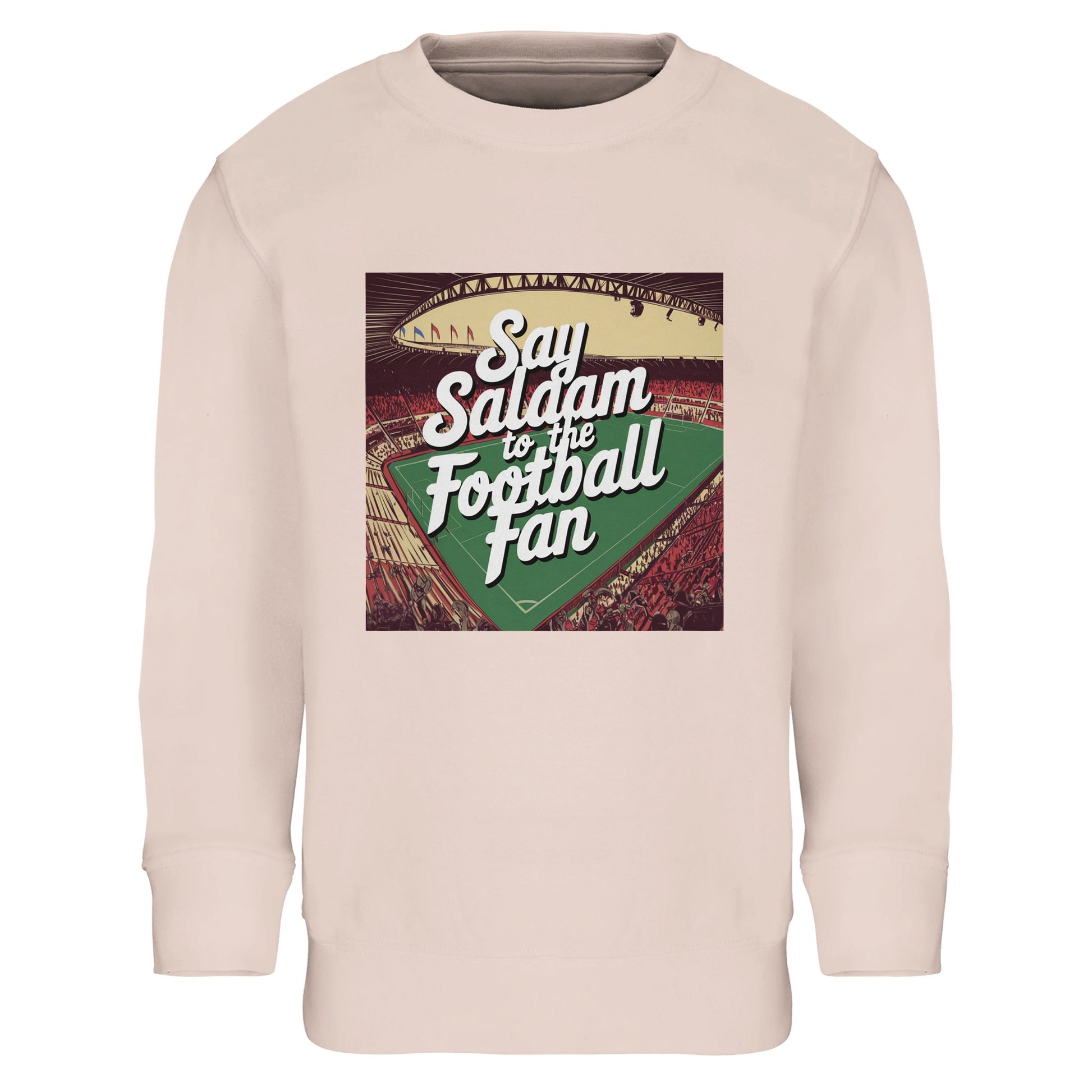 Creamy Pink / Blush Say Salaam to the Football Fan Design #4 kids sweatshirt combining a soft pastel pink tone with a bold vintage football print across the chest. The muted shade of the sweater jumper offers a lighter alternative to darker colours while keeping the greeting expressive and easy to read. Crafted using brushed fleece and recycled polyester, it delivers comfort, warmth, and durability for everyday wear shaped by football culture and Islamic values.