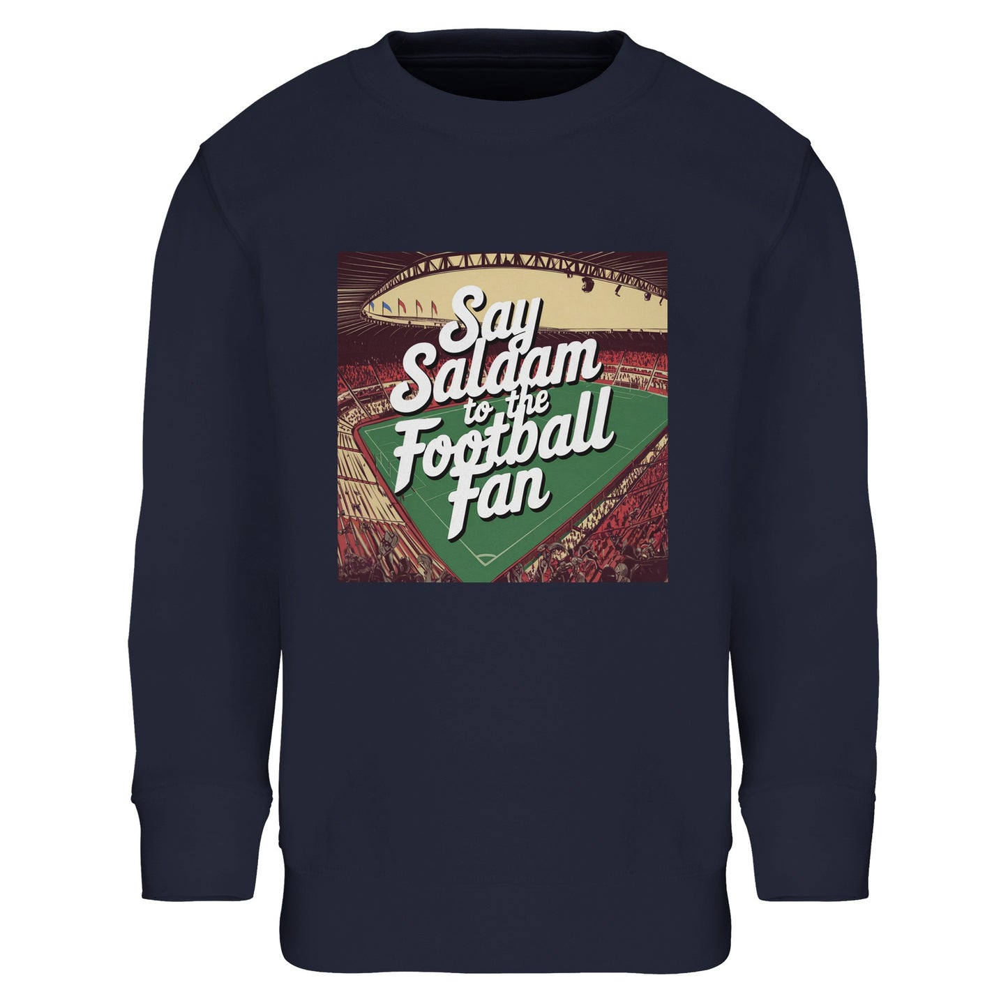 French Navy / Midnight Say Salaam to the Football Fan Design #4 kids sweatshirt pairing a deep navy shade with a classic printed football graphic on the front panel. The darker tone of the cheap sweater gives the piece a timeless, understated look while allowing the lettering and artwork to remain crisp and readable. Crafted with brushed fleece and durable cotton-poly construction, it works well for everyday wear, cooler weather, and football-led style influenced by Islamic culture.
