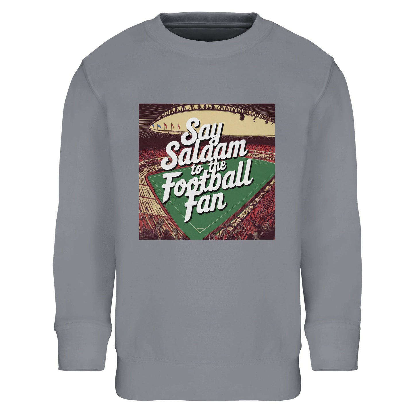 Grey Melange / Heather Grey Say Salaam to the Football Fan Design #4 kids sweatshirt featuring a soft marled grey base that complements the vintage football print and muted colour palette. The textured fabric gives the design a relaxed, casual appearance while keeping the greeting clear and legible. Blending cotton with recycled polyester and finished with fleece lining, it delivers comfort and flexibility for daily use connected to football, Muslim families, and Islamic values.