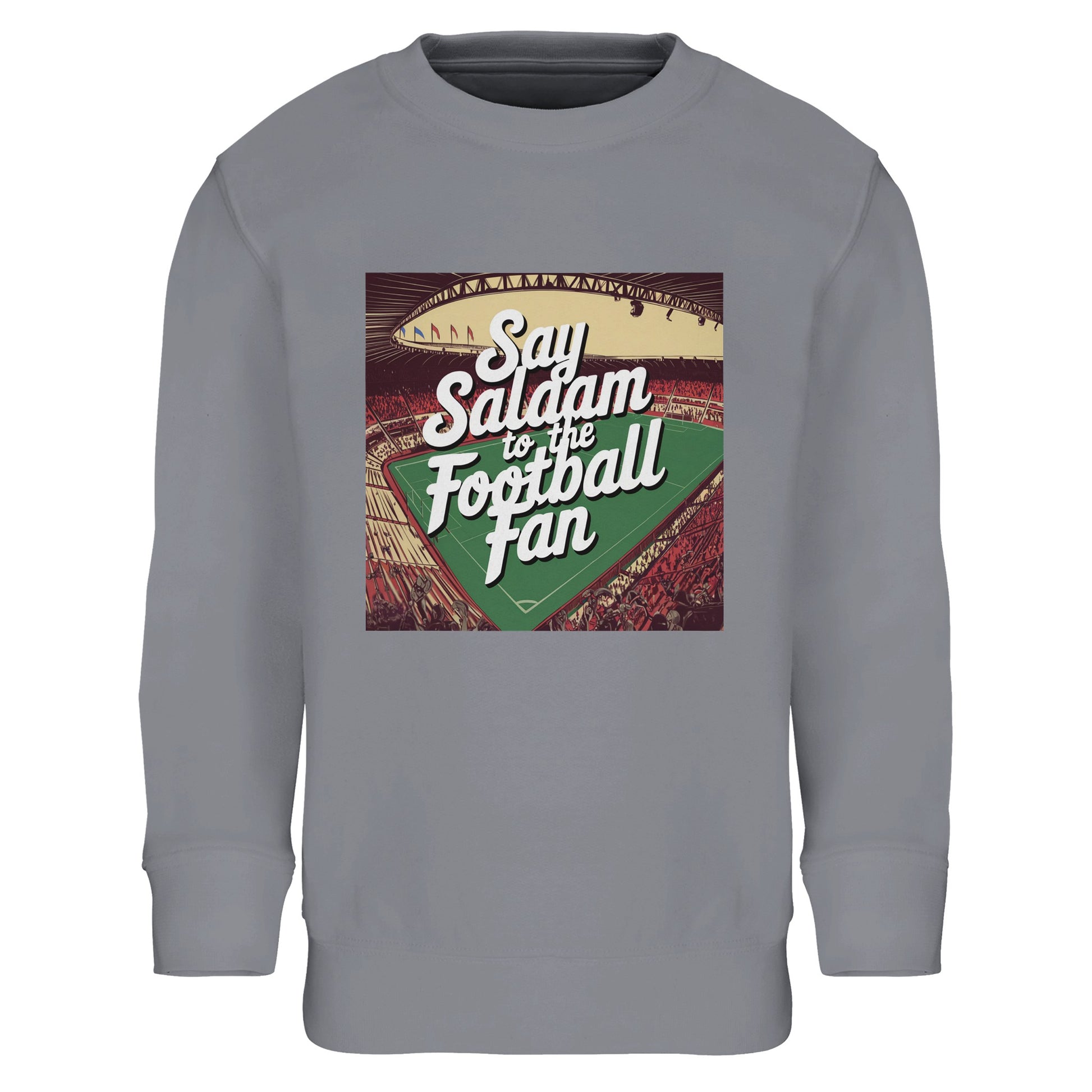 Grey Melange / Heather Grey Say Salaam to the Football Fan Design #4 kids sweatshirt featuring a soft marled grey base that complements the vintage football print and muted colour palette. The textured fabric gives the design a relaxed, casual appearance while keeping the greeting clear and legible. Blending cotton with recycled polyester and finished with fleece lining, it delivers comfort and flexibility for daily use connected to football, Muslim families, and Islamic values.