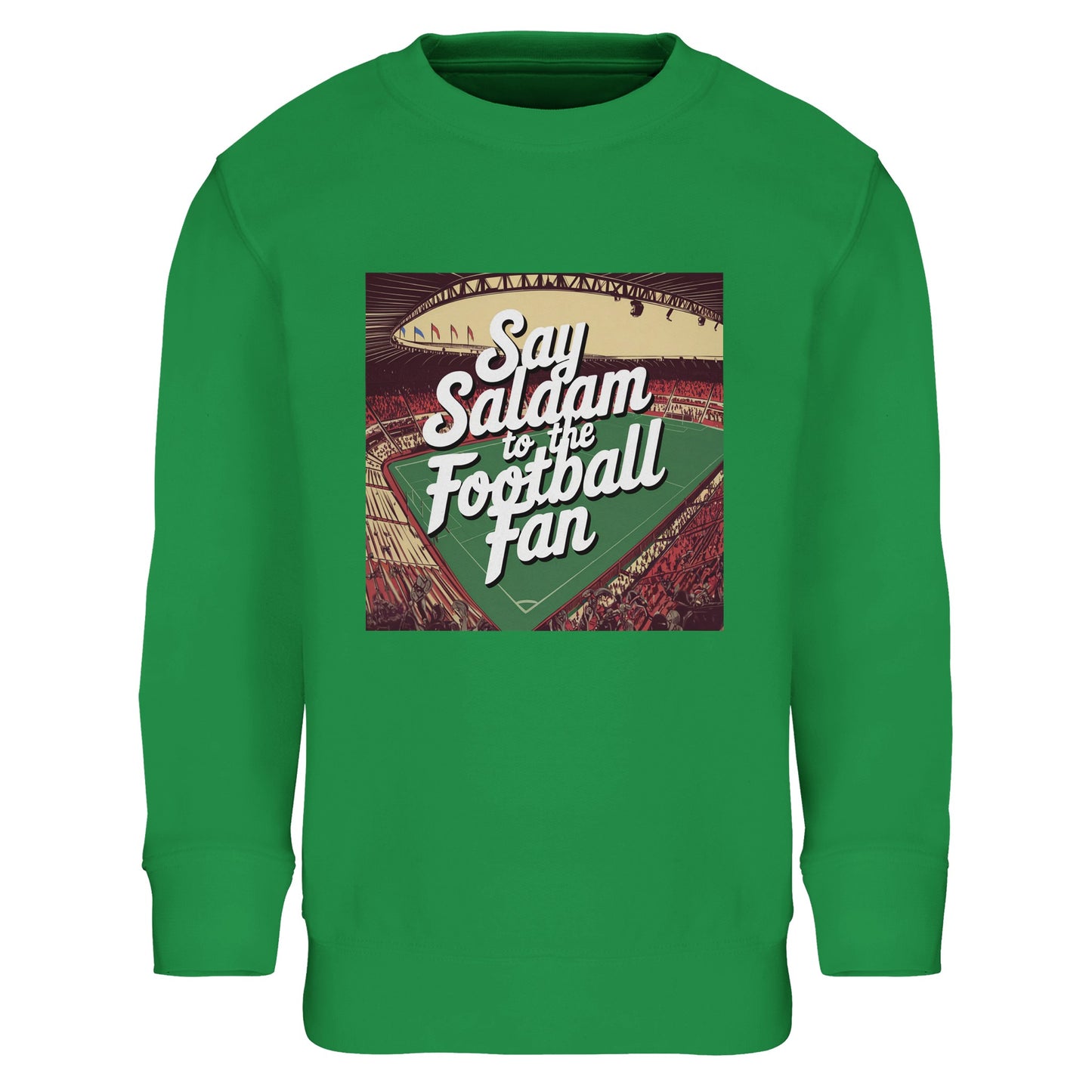 Kelly Green / Pitch Green Say Salaam to the Football Fan Design #4 kids sweatshirt using a vibrant grass-green tone that echoes classic football pitches and terraces. The central printed artwork stands out clearly against the bright base, combining heritage football visuals with friendly, welcoming lettering. Made from a brushed-fleece cotton-poly blend, it suits active days, casual outings, and football-inspired clothing shaped by Islamic and Muslim cultural expression.