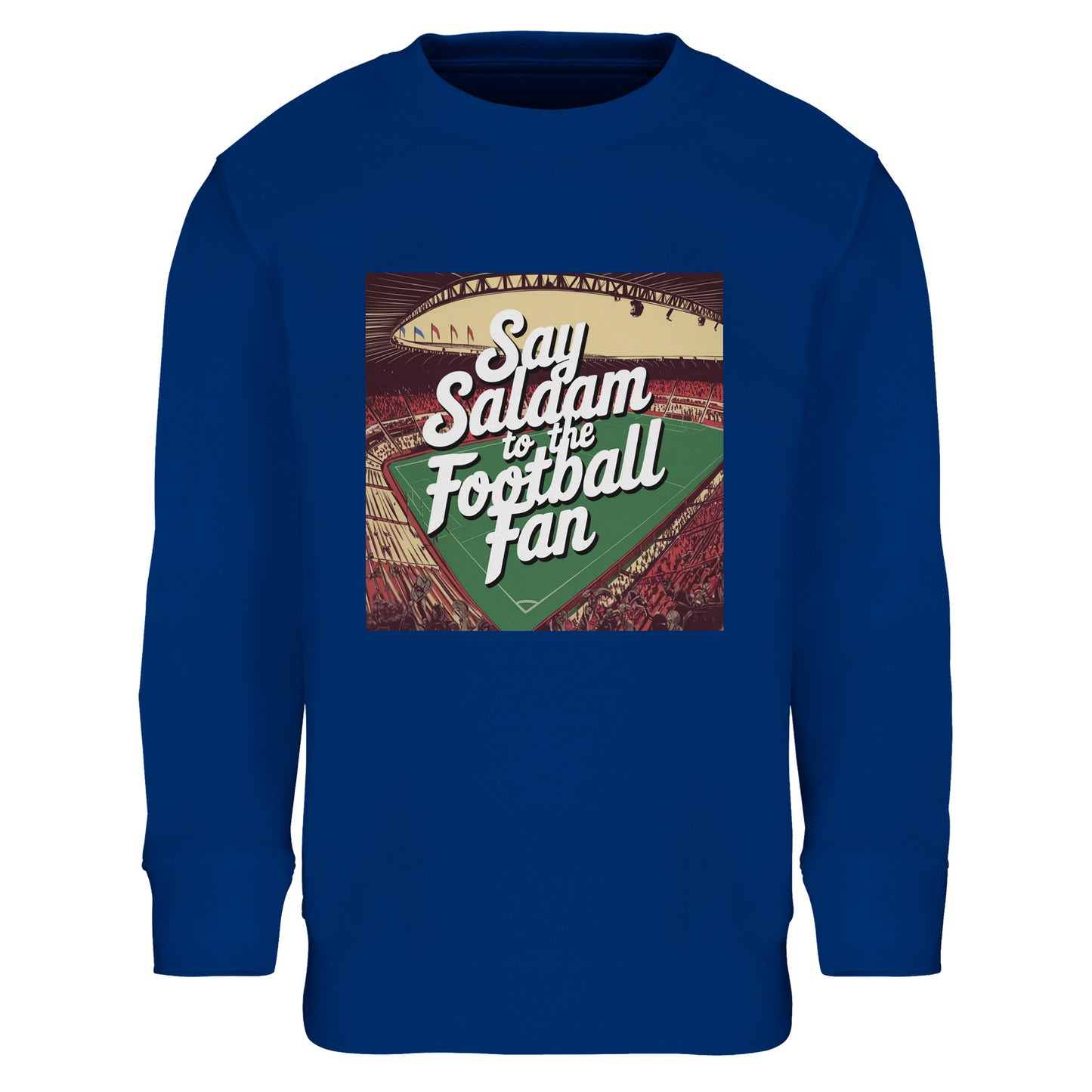 Royal Blue / Majestic Blue Say Salaam to the Football Fan Design #4 kids sweatshirt featuring a strong blue base that enhances the contrast of the chest-printed football graphic. The bold colour pairs with the retro artwork and hand-drawn lettering to create a confident, sporty look for this cheap children’s jumper. Finished with brushed fleece and a durable cotton-poly blend, it’s designed for regular wear, movement, and football culture informed by Islamic values.