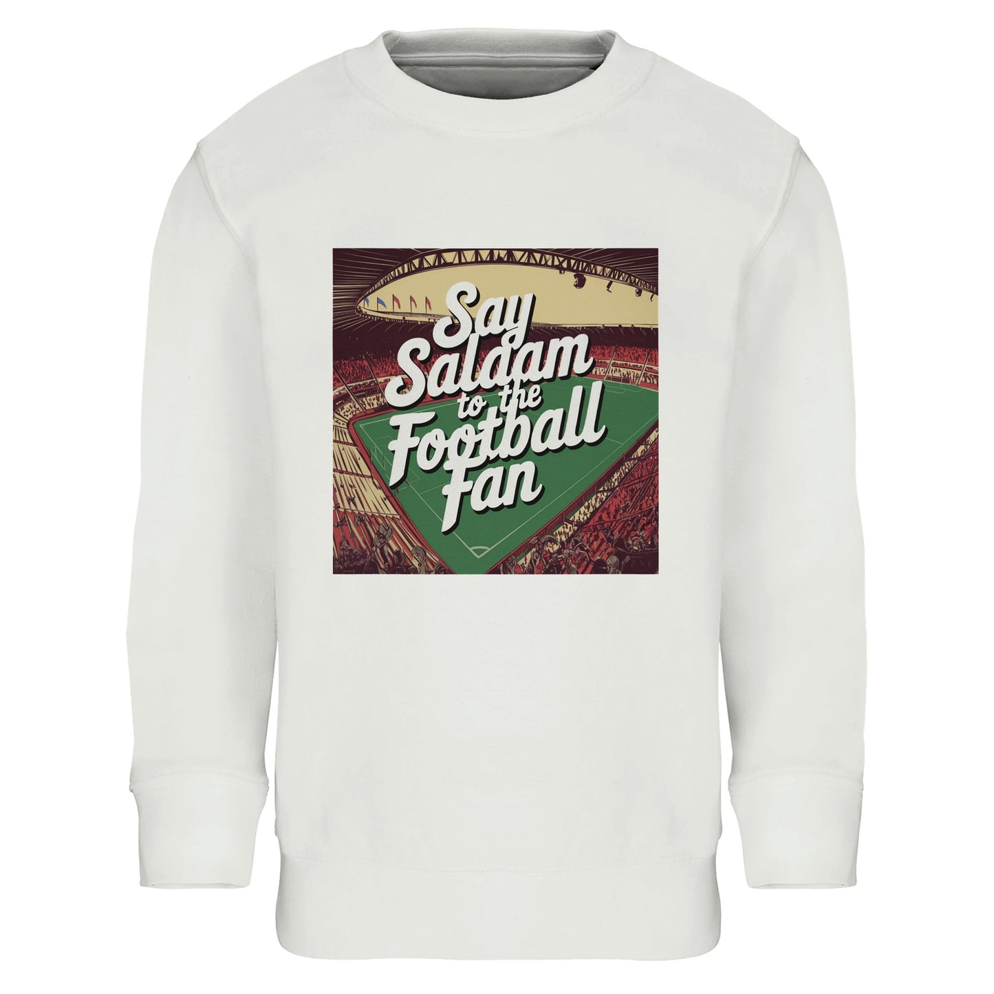 White / Platinum Say Salaam to the Football Fan Design #4 kids sweatshirt presenting the printed football artwork on a clean white background. The bright base of the budget priced sweater allows the colours, textures, and decorative lettering to stand out sharply and clearly. Made with brushed fleece lining and a cotton-recycled polyester mix, it provides warmth and softness for school, weekends, and football-inspired outfits connected to Muslim life and Islamic culture.
