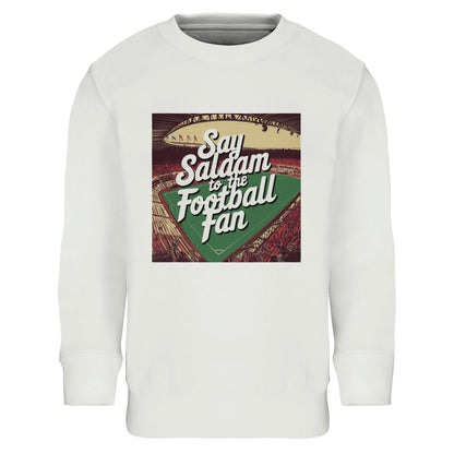 White / Platinum Say Salaam to the Football Fan Design #4 kids sweatshirt presenting the printed football artwork on a clean white background. The bright base of the budget priced sweater allows the colours, textures, and decorative lettering to stand out sharply and clearly. Made with brushed fleece lining and a cotton-recycled polyester mix, it provides warmth and softness for school, weekends, and football-inspired outfits connected to Muslim life and Islamic culture.