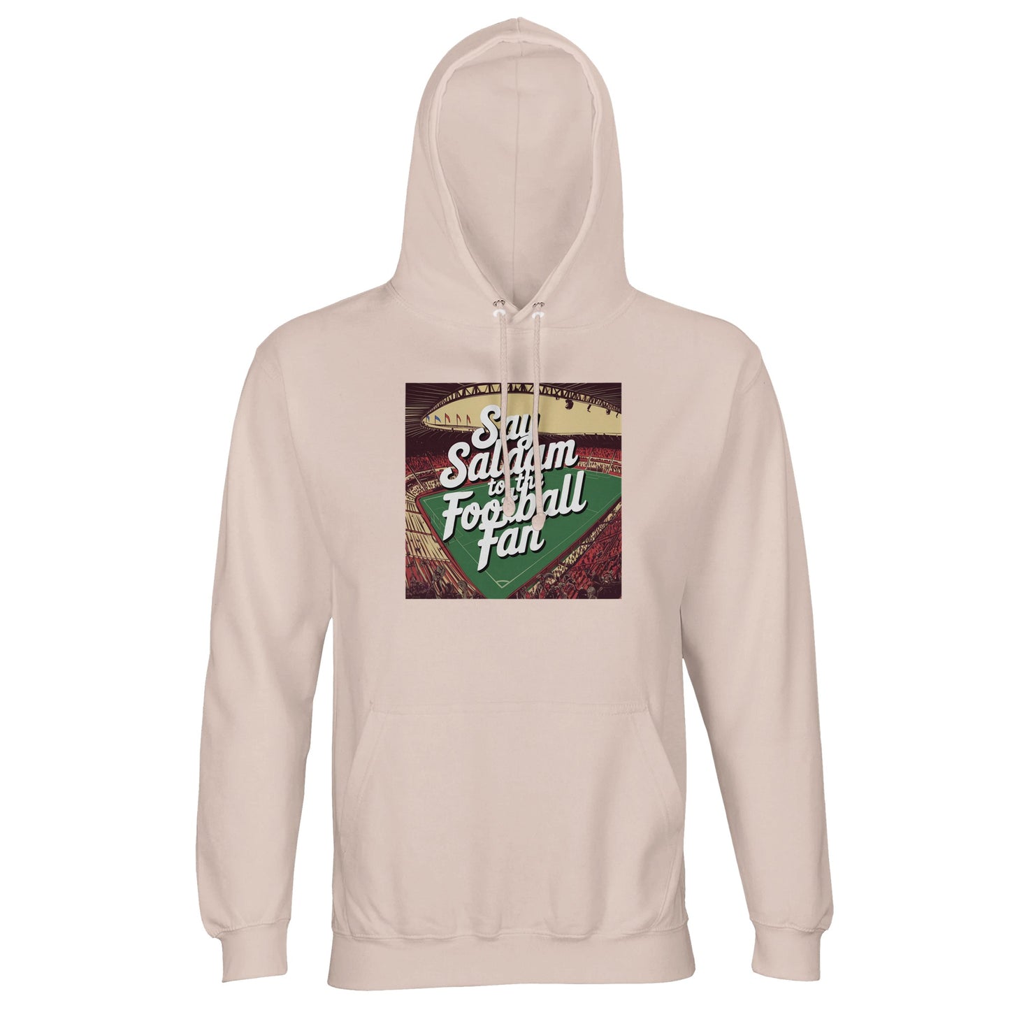 Creamy Pink / Oyster Pink Say Salaam to the Football Fan Design #4 light hoodie featuring a bold square print with classic football styling and expressive Salaam text. The muted pink shade offers a gentle alternative to darker colours while keeping the message visible and playful. Built from cotton and recycled polyester fleece, it provides warmth, softness, and long-lasting wear. A relaxed football hoodie shaped by Islamic culture + Muslim greetings, designed for lighter palettes and modern supporter life.