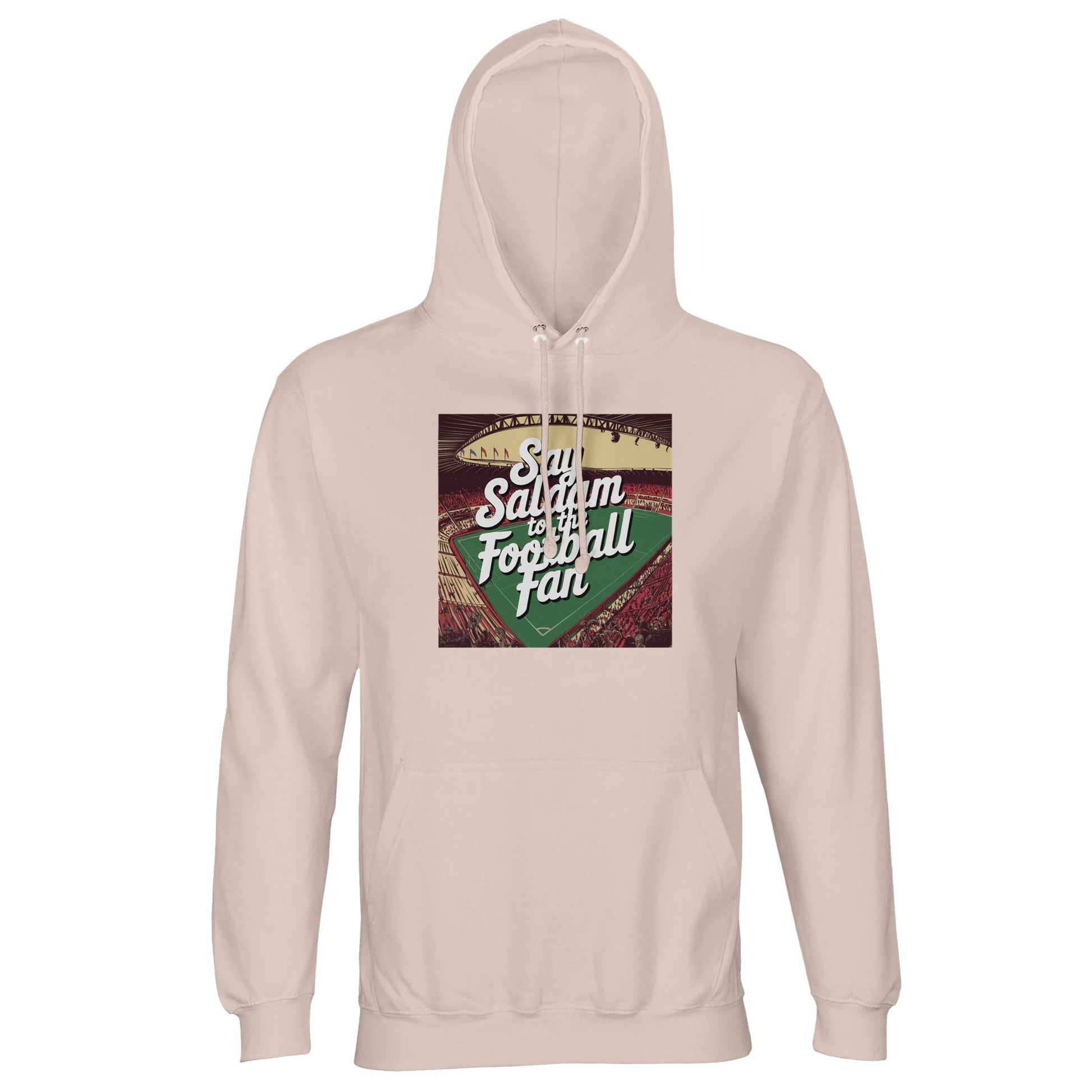 Creamy Pink / Oyster Pink Say Salaam to the Football Fan Design #4 light hoodie featuring a bold square print with classic football styling and expressive Salaam text. The muted pink shade offers a gentle alternative to darker colours while keeping the message visible and playful. Built from cotton and recycled polyester fleece, it provides warmth, softness, and long-lasting wear. A relaxed football hoodie shaped by Islamic culture + Muslim greetings, designed for lighter palettes and modern supporter life.