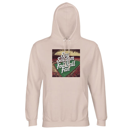 Creamy Pink / Oyster Pink Say Salaam to the Football Fan Design #4 light hoodie featuring a bold square print with classic football styling and expressive Salaam text. The muted pink shade offers a gentle alternative to darker colours while keeping the message visible and playful. Built from cotton and recycled polyester fleece, it provides warmth, softness, and long-lasting wear. A relaxed football hoodie shaped by Islamic culture + Muslim greetings, designed for lighter palettes and modern supporter life.