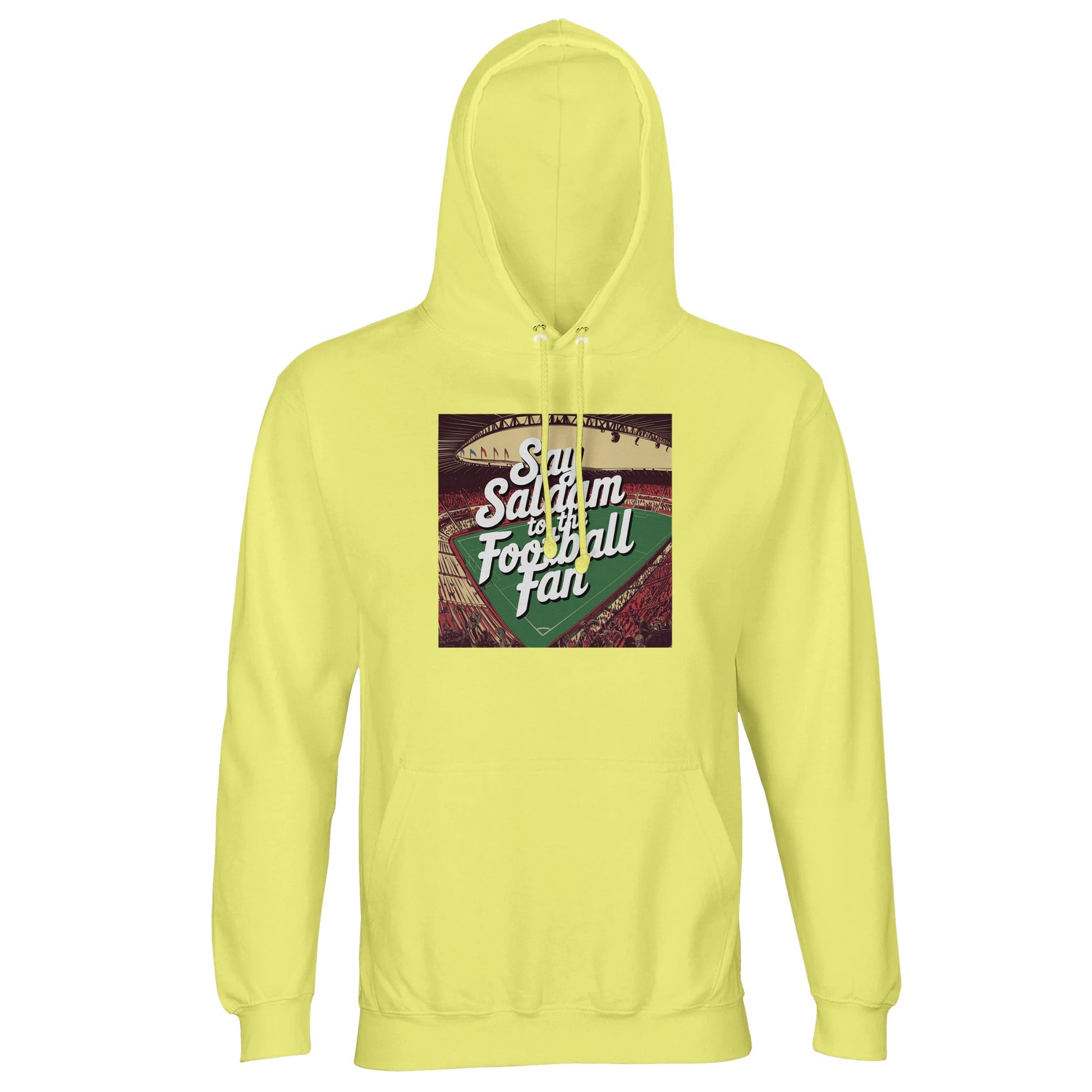 Light Yellow / Lemon Chiffon Say Salaam to the Football Fan Design #4 light hoodie showcasing a retro football-style print framed neatly on the chest. The pale yellow shade adds brightness while keeping the overall look soft and wearable, ideal for lighter wardrobes. Crafted from a cotton and recycled polyester blend with brushed fleece lining, it delivers comfort and durability for daily use. A positive football piece influenced by Muslim greetings, designed for supporters who prefer colour minus loudness.