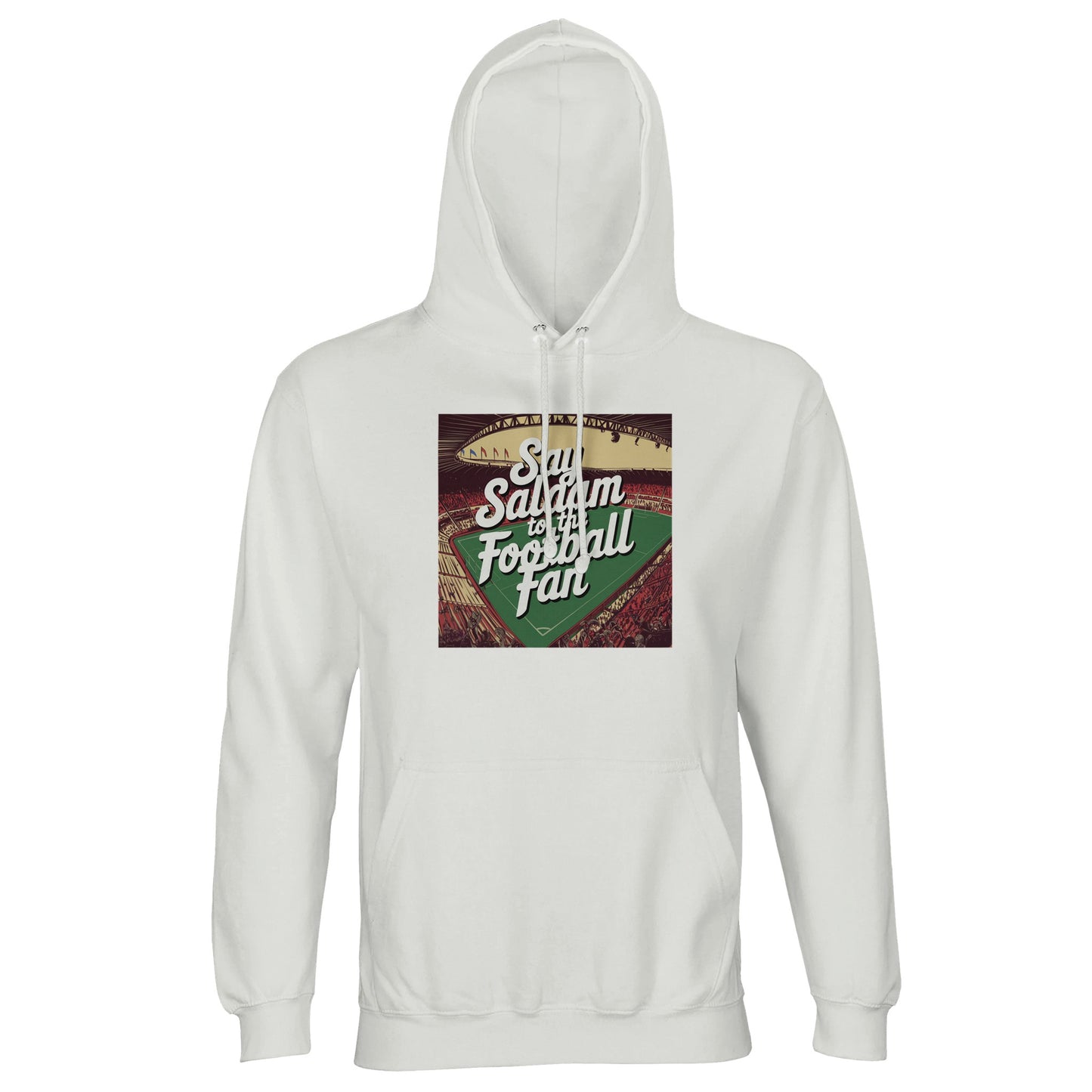 White / Platinum Say Salaam to the Football Fan Design #4 light hoodie featuring a square chest print with vintage football graphics and bold Salaam lettering layered over rich textures. The clean white tone keeps the design sharp and readable while balancing softness and clarity. Made from brushed fleece cotton and recycled polyester, this hoodie offers warmth without bulk, suited to everyday wear, matchdays, and relaxed evenings. A calm, Islamic-inspired football garment rooted in Muslim values + culture.