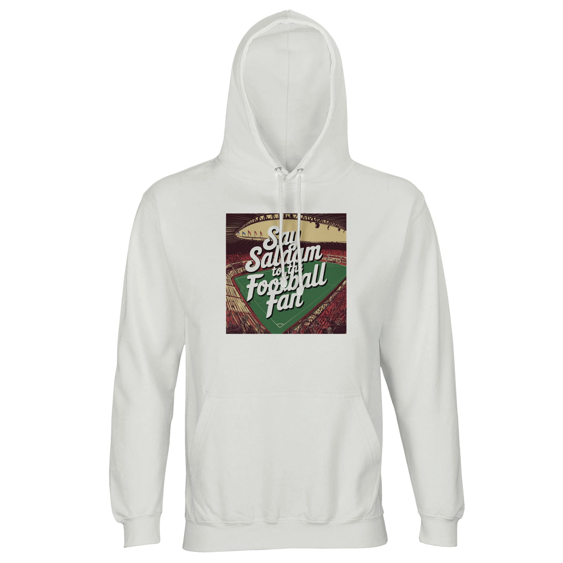 White / Platinum Say Salaam to the Football Fan Design #4 light hoodie featuring a square chest print with vintage football graphics and bold Salaam lettering layered over rich textures. The clean white tone keeps the design sharp and readable while balancing softness and clarity. Made from brushed fleece cotton and recycled polyester, this hoodie offers warmth without bulk, suited to everyday wear, matchdays, and relaxed evenings. A calm, Islamic-inspired football garment rooted in Muslim values + culture.