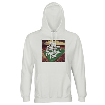 White / Platinum Say Salaam to the Football Fan Design #4 light hoodie featuring a square chest print with vintage football graphics and bold Salaam lettering layered over rich textures. The clean white tone keeps the design sharp and readable while balancing softness and clarity. Made from brushed fleece cotton and recycled polyester, this hoodie offers warmth without bulk, suited to everyday wear, matchdays, and relaxed evenings. A calm, Islamic-inspired football garment rooted in Muslim values + culture.