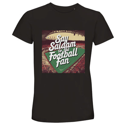 Deep Black Say Salaam to the Football Fan Design #4 recycled cotton T-shirt featuring a bold retro football design with contrasting lettering, pitch markings, and graphic poster details. The dark base intensifies the colours of the print, giving the artwork a sharper, more dramatic presence. Made from a recycled cotton blend, this short-sleeve T-shirt is comfortable, breathable, and easy to style. Suited to footie fans in darker tones, it blends streetwear appeal with Islamic greeting + match-day attitude.