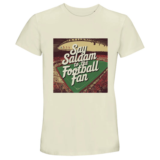 Natural Say Salaam to the Football Fan Design #4 recycled cotton T-shirt showcasing a retro-inspired football graphic with layered typography, stadium textures, and warm tones. The natural, off-white fabric gives the print a softer, vintage feel that suits classic football aesthetics. Crafted from a recycled cotton blend, this crew-neck T-shirt balances durability with everyday comfort. Ideal for match days, it reflects football culture through an Islamic lens while keeping the look understated + wearable.