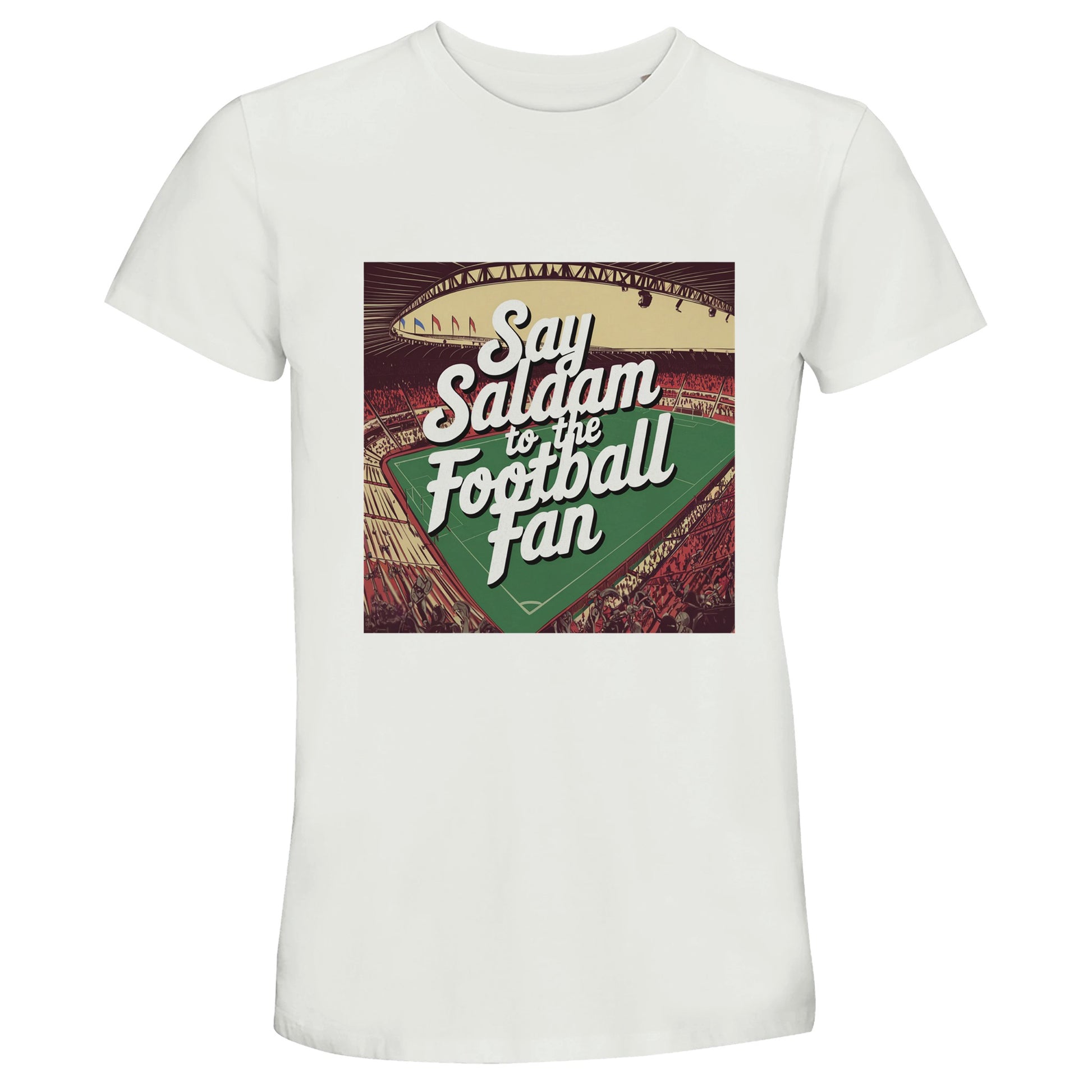 White Say Salaam to the Football Fan Design #4 recycled cotton T-shirt featuring a vintage football poster–style print with bold lettering, pitch graphics, and classic match-day colours. The clean white base keeps the artwork crisp and readable without distraction. Made from a soft blend of recycled and standard cotton, this short-sleeve tee offers breathable comfort for everyday wear, casual football watching, or relaxed weekends. A lightweight football T-shirt rooted in Islamic greeting culture.