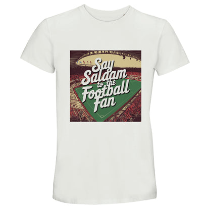 White Say Salaam to the Football Fan Design #4 recycled cotton T-shirt featuring a vintage football poster–style print with bold lettering, pitch graphics, and classic match-day colours. The clean white base keeps the artwork crisp and readable without distraction. Made from a soft blend of recycled and standard cotton, this short-sleeve tee offers breathable comfort for everyday wear, casual football watching, or relaxed weekends. A lightweight football T-shirt rooted in Islamic greeting culture.