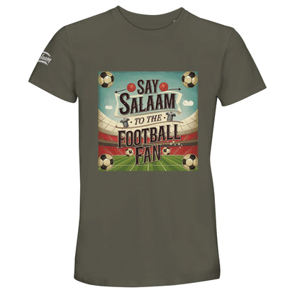 Say Salaam to the Football Fan Design #5 50% Recycled Unisex Cotton T-Shirt – Army / Fuscous Grey featuring retro football graphics, black-and-white match balls, classic player shirts, a big pitch and Wembley stadium in a square design. This soft recycled cotton tee is ideal for footie fans who stream big matches, follow international players, or collect vintage shirts. An unofficial retro football top for supporters clubs tracking scores, stats, and radio commentary between salah and second-half drama.