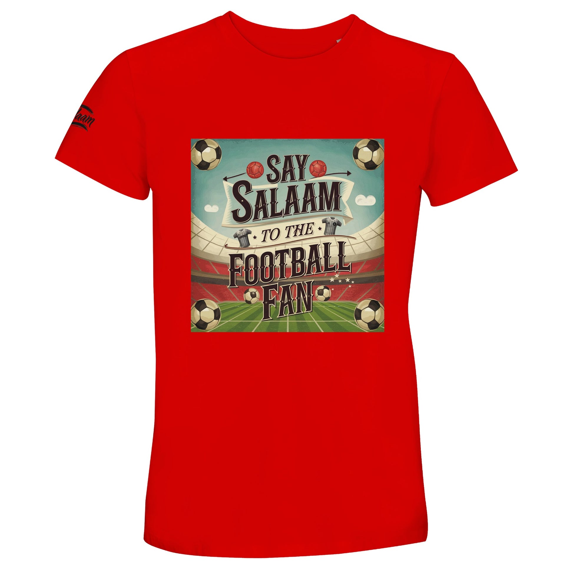 Say Salaam to the Football Fan Design #5 50% Recycled Unisex Cotton T-Shirt – Bright Red / Rosso Corsa featuring retro football graphics, black-and-white match balls, classic player shirts, a full pitch and stadium set in a square layout. This soft recycled cotton tee suits men and women who stream football games, collect vintage shirts, or follow players from Premier League to World Cup. A retro-style top for footie fans tracking scores, stats, and weekly podcasts between prayer and post-match recaps.