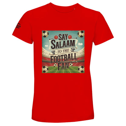 Say Salaam to the Football Fan Design #5 50% Recycled Unisex Cotton T-Shirt – Bright Red / Rosso Corsa featuring retro football graphics, black-and-white match balls, classic player shirts, a full pitch and stadium set in a square layout. This soft recycled cotton tee suits men and women who stream football games, collect vintage shirts, or follow players from Premier League to World Cup. A retro-style top for footie fans tracking scores, stats, and weekly podcasts between prayer and post-match recaps.