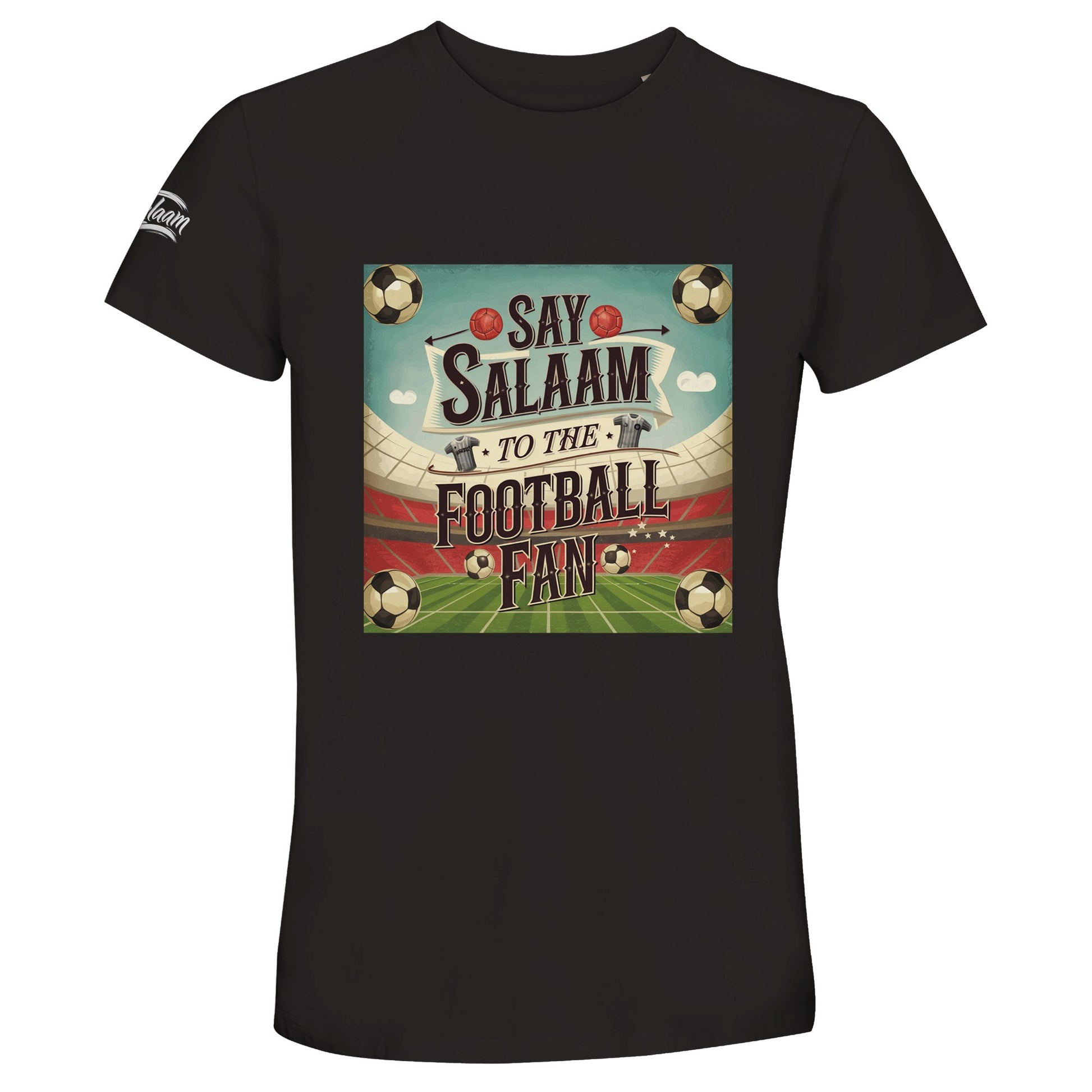 Say Salaam to the Football Fan Design #5 50% Recycled Unisex Cotton T-Shirt – Deep Black / Zeus featuring retro football graphics, black-and-white match balls, classic player shirts, a big pitch and stadium in a square design. This soft recycled cotton tee is ideal for men and women who stream football games, collect retro shirts, or follow players from Premier League to World Cup. A vintage-style football top for fans tracking stats, scores, and game podcasts between salah and second-half drama.