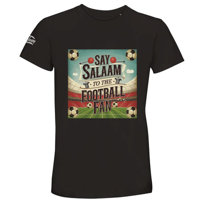 Say Salaam to the Football Fan Design #5 50% Recycled Unisex Cotton T-Shirt – Deep Black / Zeus featuring retro football graphics, black-and-white match balls, classic player shirts, a big pitch and stadium in a square design. This soft recycled cotton tee is ideal for men and women who stream football games, collect retro shirts, or follow players from Premier League to World Cup. A vintage-style football top for fans tracking stats, scores, and game podcasts between salah and second-half drama.