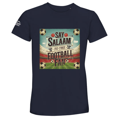 Say Salaam to the Football Fan Design #5 50% Recycled Unisex Cotton T-Shirt – French Navy / Ebony Clay featuring vintage football balls, classic player tops, retro lettering, a bold pitch and stadium scene in square format. This soft cotton tee is built for streaming derby matches, tracking scores, or following stats and highlights during international competitions. A retro-style top for footie fans collecting shirts and watching or listening to football podcasts between prayer and penalty shootouts.