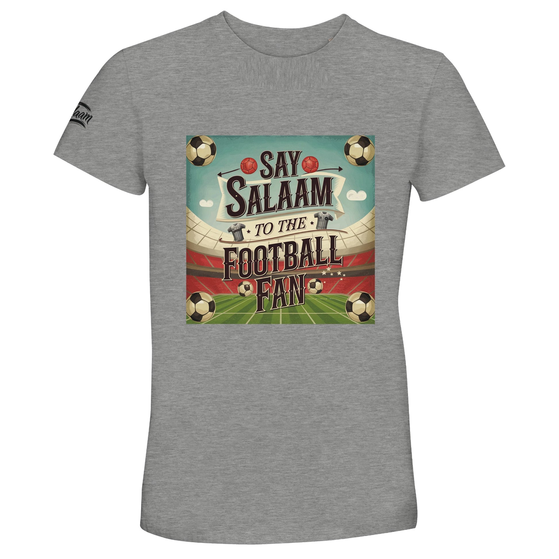 Say Salaam to the Football Fan Design #5 50% Recycled Unisex Cotton T-Shirt – Grey Melange / Heather Grey / Marl Grey / Classic Athletic Grey Blend featuring vintage match balls, retro player kits, and football shirt artwork with a pitch and stadium in a square format. This soft cotton tee is for footie fans who stream big matches, wear throwback shirts, or watch Sky Sports News and Match of the Day. Designed for casual wear, old clips, and matchday listening between prayers and full-time whistles.