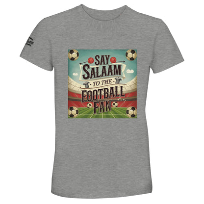 Say Salaam to the Football Fan Design #5 50% Recycled Unisex Cotton T-Shirt – Grey Melange / Heather Grey / Marl Grey / Classic Athletic Grey Blend featuring vintage match balls, retro player kits, and football shirt artwork with a pitch and stadium in a square format. This soft cotton tee is for footie fans who stream big matches, wear throwback shirts, or watch Sky Sports News and Match of the Day. Designed for casual wear, old clips, and matchday listening between prayers and full-time whistles.