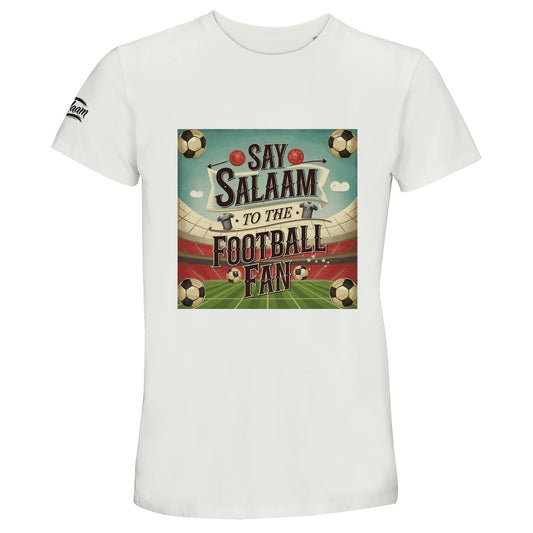 Say Salaam to the Football Fan Design #5 50% Recycled Unisex Cotton T-Shirt – White / Platinum featuring retro football graphics, black-and-white match balls, classic player shirts, a big pitch and stadium in a square design. This soft recycled cotton tee is ideal for men and women who stream football games, collect retro shirts, or watch players from Premier League to World Cup. A vintage-inspired statement top for footie fans following scores, stats, and game podcasts between prayers or after matches.