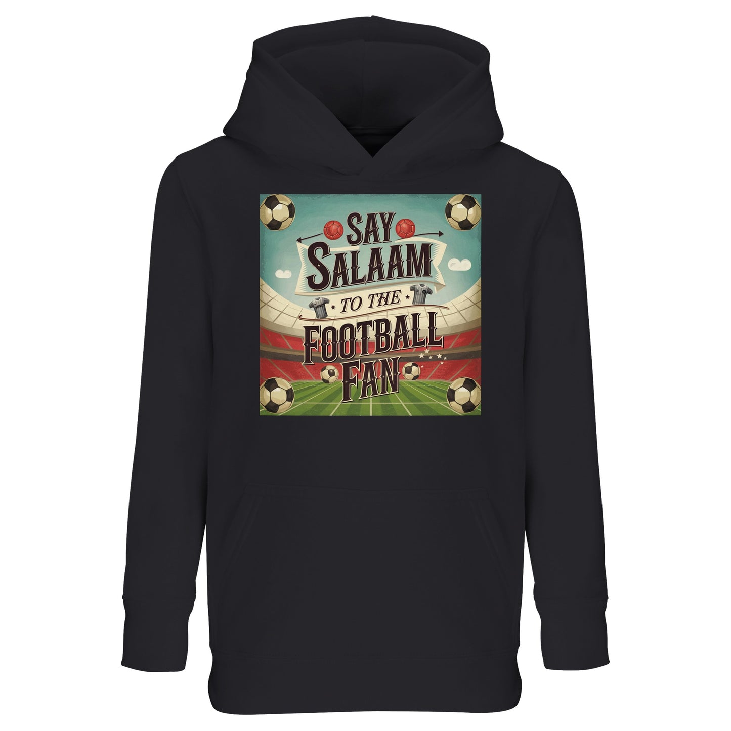 Deep Black / Zeus Say Salaam to the Football Fan Design #5 kids hoodie combining a strong dark base with a confident football statement. The deep black shade enhances contrast and gives the design a bold, grounded look. Crafted from a cotton and recycled polyester blend, this everyday cheap hoodie delivers reliable warmth, comfort, and long-lasting wear. Suitable for cooler days and regular use, it appeals to football-loving Muslim youngsters drawn to classic tones and Islamically expressive design.