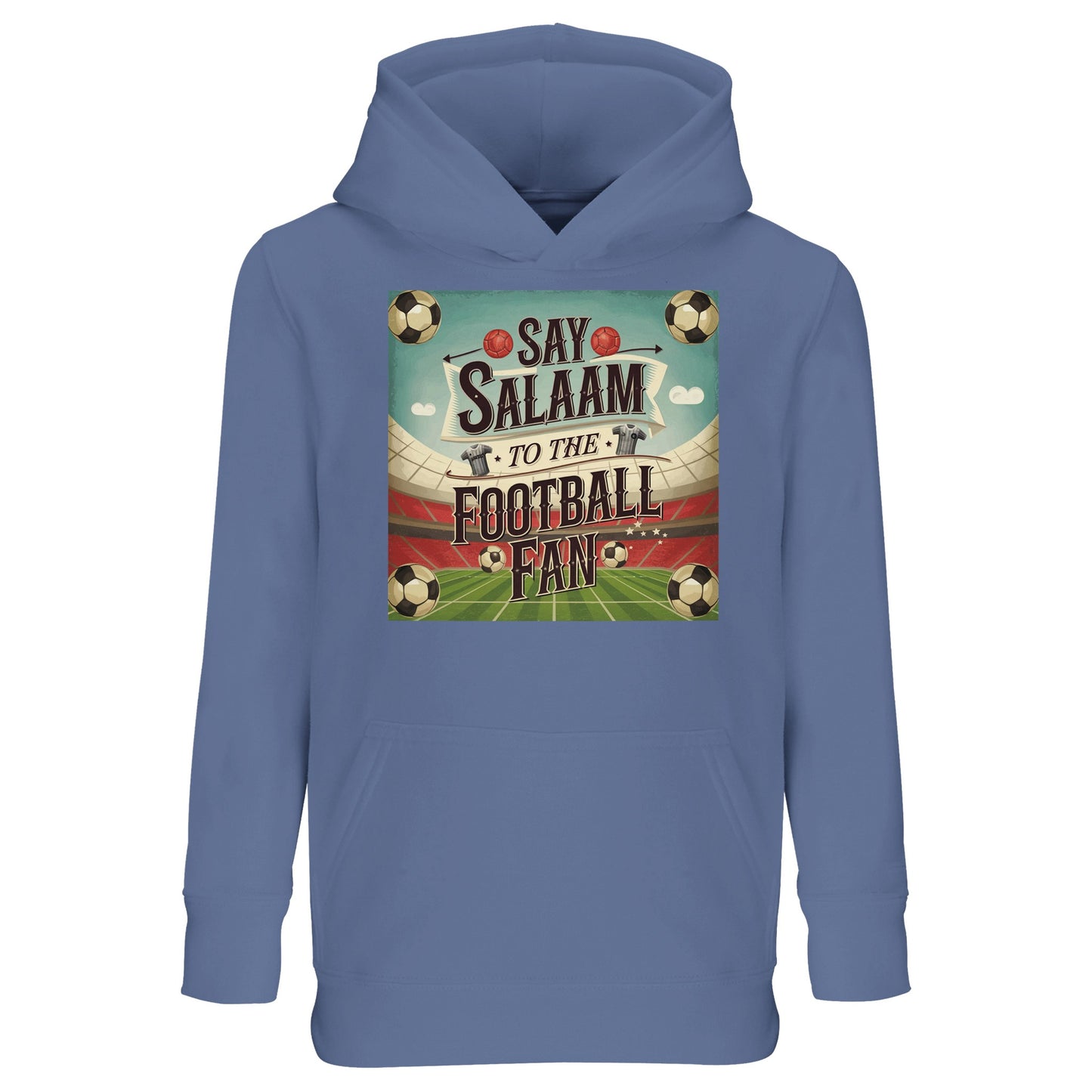 Blue / Marble Blue / Blue-Grey / Waikawa Grey Say Salaam to the Football Fan Design #5 kids hoodie offering a calm, versatile colour palette with subtle depth. The layered blue tones soften the overall look while keeping the football graphic clear and balanced. Made from a cotton and recycled polyester blend, this budget-friendly hoodie provides warmth and everyday comfort. Ideal for casual wear and downtime, it suits young supporters who prefer understated colours with a meaningful football message.