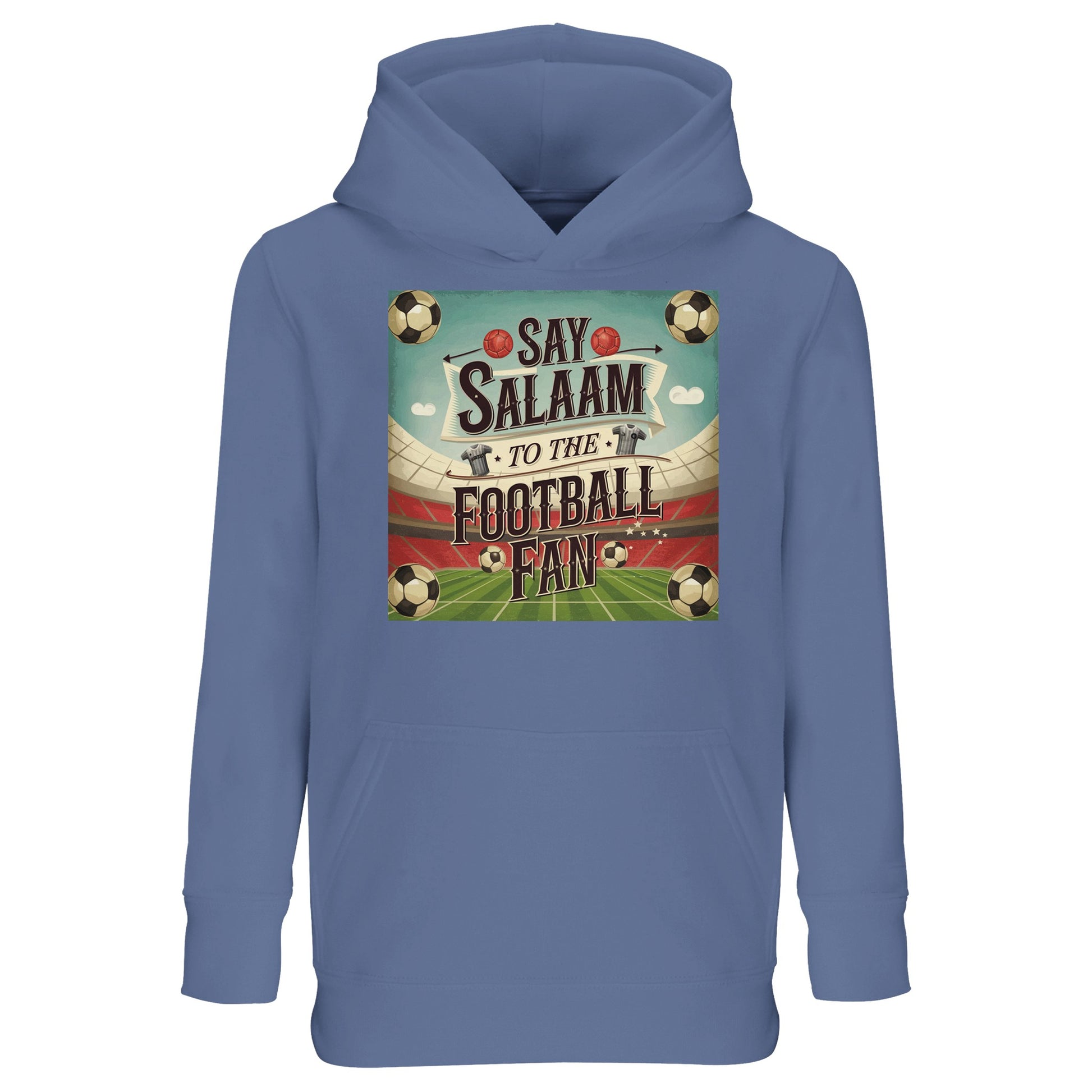 Blue / Marble Blue / Blue-Grey / Waikawa Grey Say Salaam to the Football Fan Design #5 kids hoodie offering a calm, versatile colour palette with subtle depth. The layered blue tones soften the overall look while keeping the football graphic clear and balanced. Made from a cotton and recycled polyester blend, this budget-friendly hoodie provides warmth and everyday comfort. Ideal for casual wear and downtime, it suits young supporters who prefer understated colours with a meaningful football message.