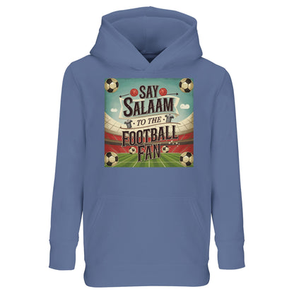 Blue / Marble Blue / Blue-Grey / Waikawa Grey Say Salaam to the Football Fan Design #5 kids hoodie offering a calm, versatile colour palette with subtle depth. The layered blue tones soften the overall look while keeping the football graphic clear and balanced. Made from a cotton and recycled polyester blend, this budget-friendly hoodie provides warmth and everyday comfort. Ideal for casual wear and downtime, it suits young supporters who prefer understated colours with a meaningful football message.
