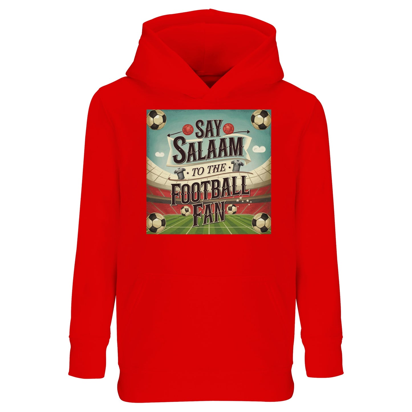 Bright Red Say Salaam to the Football Fan Design #5 kids hoodie designed to reflect energy, passion, and matchday excitement. The vibrant red colour brings attention to the football message and adds confidence to any outfit. Constructed from a cotton and recycled polyester blend, this affordable hoodie delivers warmth, comfort, and resilience for active days. Ideal for casual wear and outdoor play, it suits kids who enjoy bold colours with a strong Salaam message.
