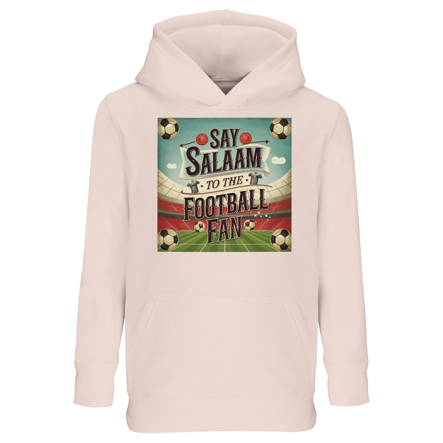 Creamy Pink Say Salaam to the Football Fan Design #5 kids hoodie combining a soft pastel tone with a strong football message. The muted pink shade offers a gentle alternative to darker colours while keeping the design expressive and playful. Made from a cotton and recycled polyester blend, this cheap hoodie delivers warmth, softness, and durability. Ideal for everyday wear, casual outings, and relaxed layering, it suits young Muslim football fans who enjoy lighter colour palettes with an Islamic edge.