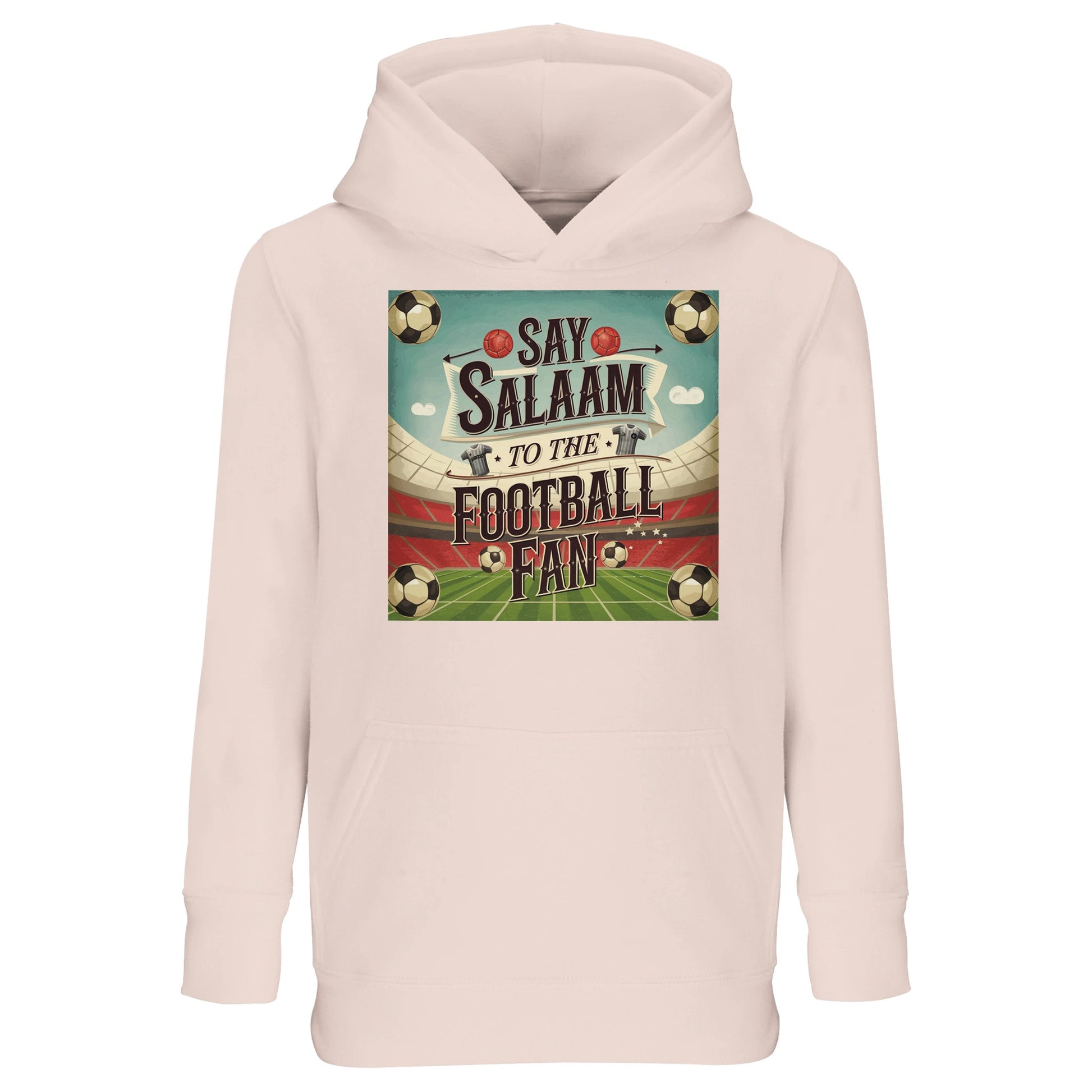 Creamy Pink Say Salaam to the Football Fan Design #5 kids hoodie combining a soft pastel tone with a strong football message. The muted pink shade offers a gentle alternative to darker colours while keeping the design expressive and playful. Made from a cotton and recycled polyester blend, this cheap hoodie delivers warmth, softness, and durability. Ideal for everyday wear, casual outings, and relaxed layering, it suits young Muslim football fans who enjoy lighter colour palettes with an Islamic edge.