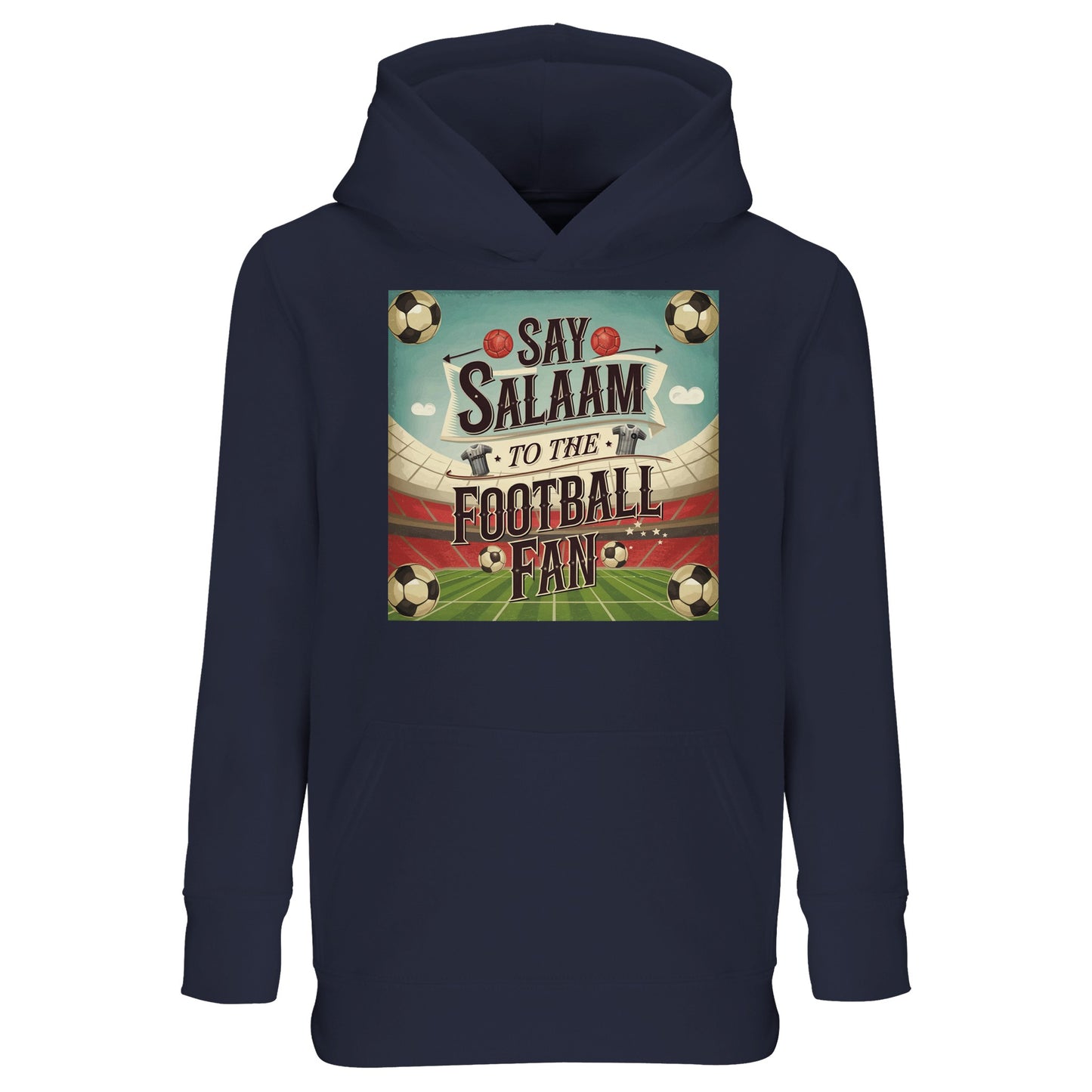 French Navy Say Salaam to the Football Fan Design #5 kids hoodie pairing a deep, classic shade with a timeless football design. The navy tone offers a more understated look while keeping the graphic prominent and clear. Made from a cotton and recycled polyester blend, this everyday hoodie provides soft warmth and lasting comfort. Suitable for school, evenings, and casual outings, it’s ideal for young football fans who prefer darker colours with a subtle cultural reference.