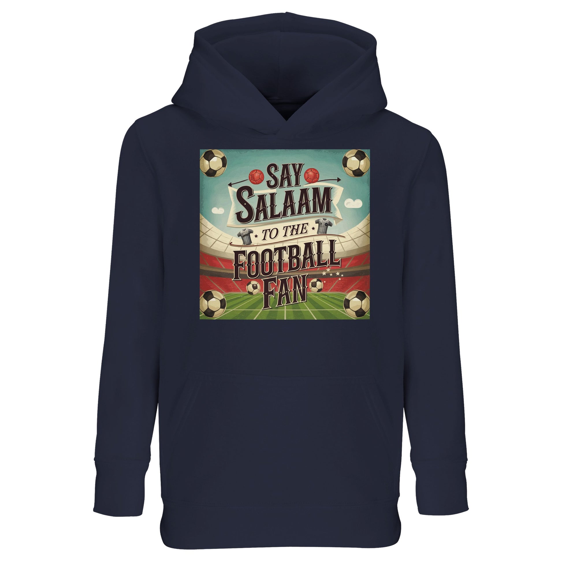 French Navy Say Salaam to the Football Fan Design #5 kids hoodie pairing a deep, classic shade with a timeless football design. The navy tone offers a more understated look while keeping the graphic prominent and clear. Made from a cotton and recycled polyester blend, this everyday hoodie provides soft warmth and lasting comfort. Suitable for school, evenings, and casual outings, it’s ideal for young football fans who prefer darker colours with a subtle cultural reference.