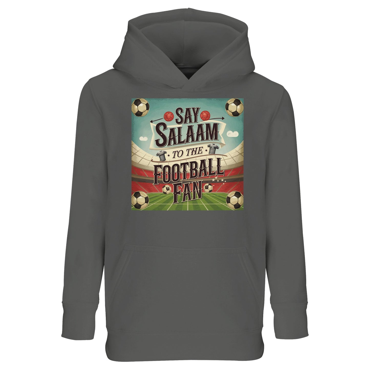 Grey Melange Say Salaam to the Football Fan Design #5 kids hoodie featuring a soft heathered finish that adds texture and versatility. The neutral grey colour works easily with most outfits while allowing the football artwork to stand out. Crafted from a cotton and recycled polyester blend, this budget-friendly hoodie offers warmth, durability, and everyday comfort. Ideal for relaxed wear and layering, it suits children who favour neutral tones paired with a meaningful football message.